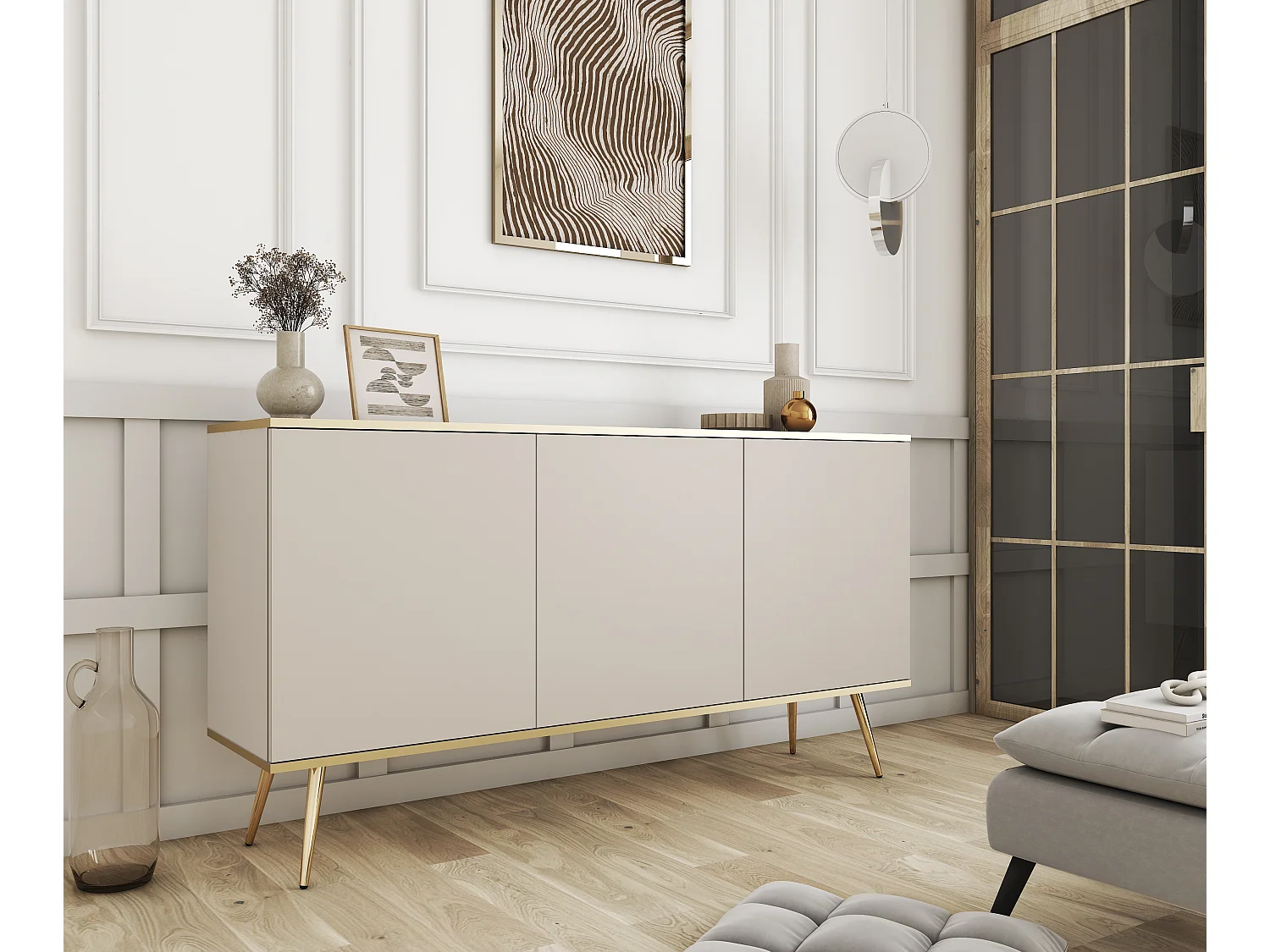 KOMMODE ORO K-160 Modern 160 cm breit beige, 2 türen, 2 schubladen, push-to-open, metallfüße gold 23 cm, laminierte platte 16 mm