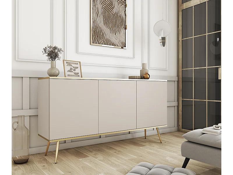 Commode ORO K-160 Moderne 160 cm Large Beige, 2 Portes, 2 Tiroirs, Push-to-Open, Pieds Métal Or 23 cm, Panneau Stratifié 16 mm