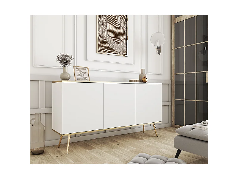 KOMMODE ORO K-160 Modern 160 cm breit weiss, 2 türen, 2 schubladen, push-to-open, metallfüße gold 23 cm, laminierte platte 16 mm