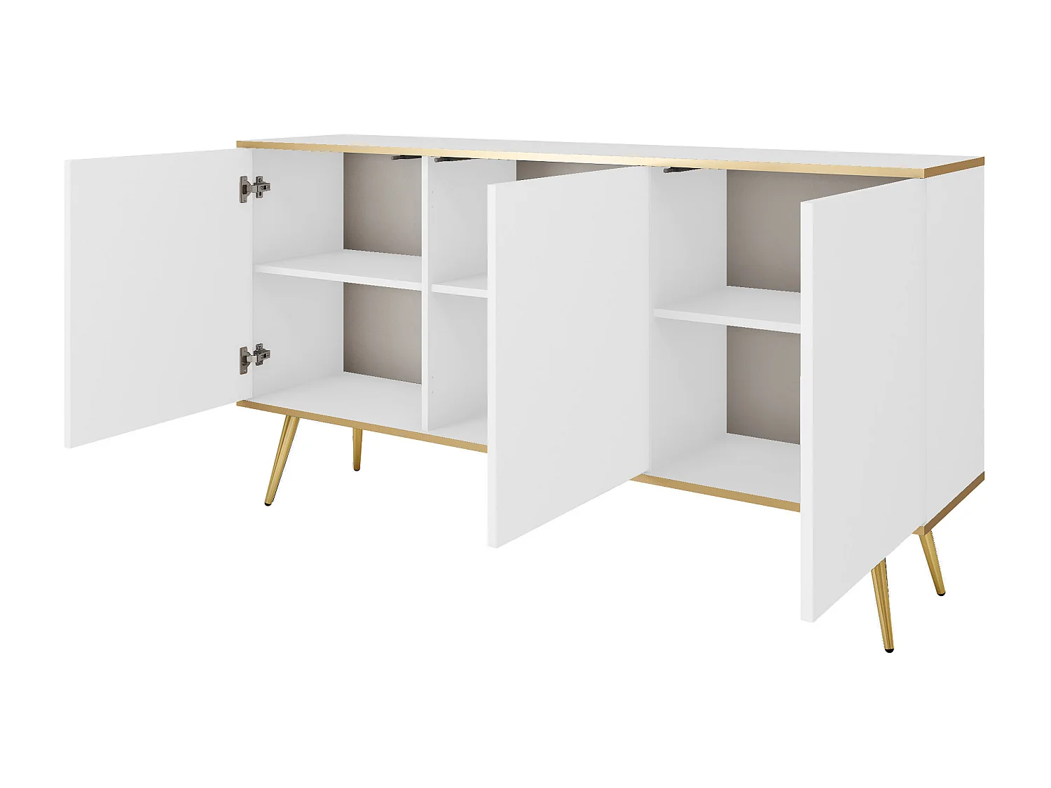 Commode ORO K-160 Moderne 160 cm Large Blanc, 2 Portes, 2 Tiroirs, Push-to-Open, Pieds Métal Or 23 cm, Panneau Stratifié 16 mm