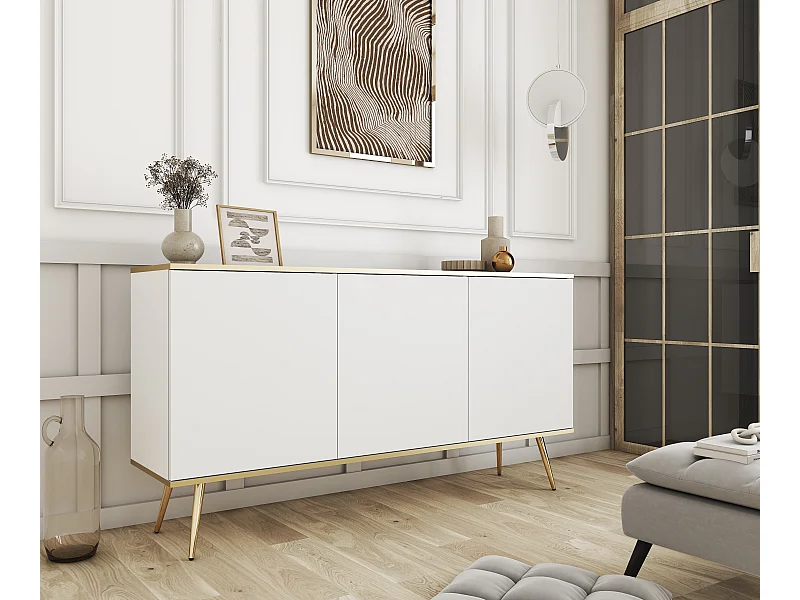 Dressoir ORO K-160 Modern 160 cm Breed Wit, 2 Deuren, 2 Lades, Push-to-Open, Metalen Poten Goud 23 cm, Gelamineerd Paneel 16 mm