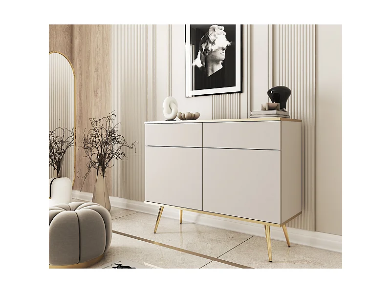 Commode KSZ-107 avec Tiroirs 107x85x39 cm – Beige Brillant, Buffet Push-to-Open, Pieds Métal 23 cm, Panneau Stratifié 16 mm, Anti-Rayures