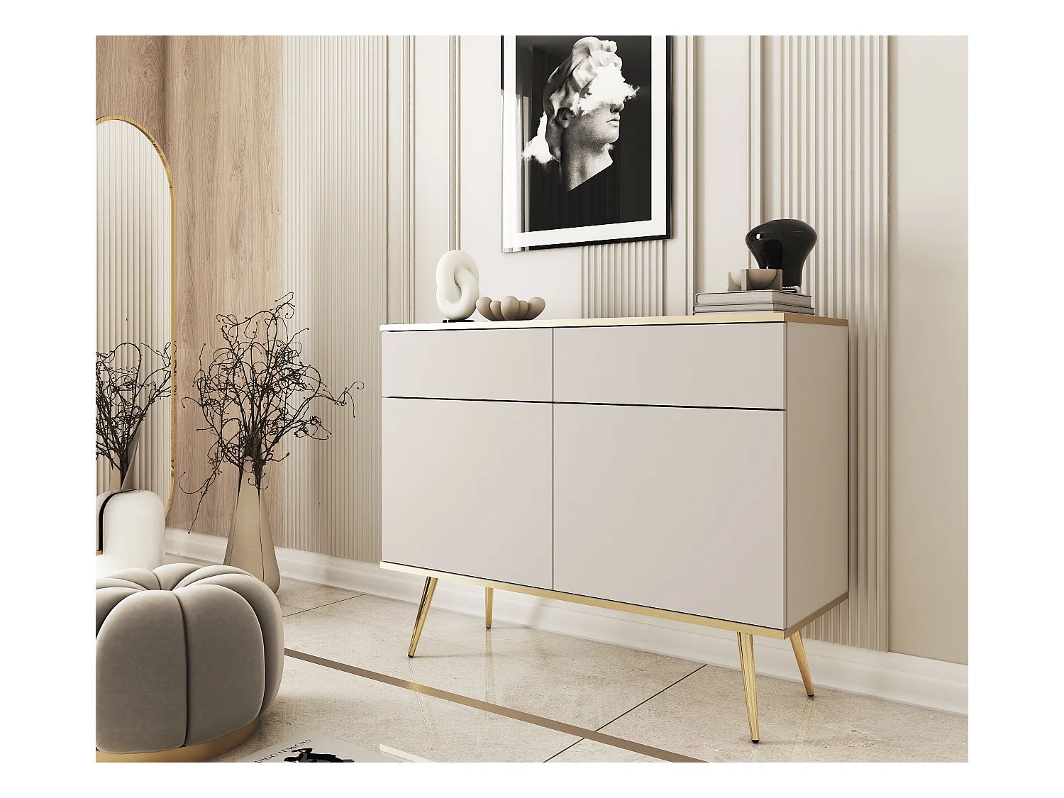 Dressoir KSZ-107 met Laden 107x85x39 cm – Beige Hoogglans Kast met Push-To-Open, Metalen Poten 23 cm, Gelamineerd Paneel 16 mm Krasbestendig