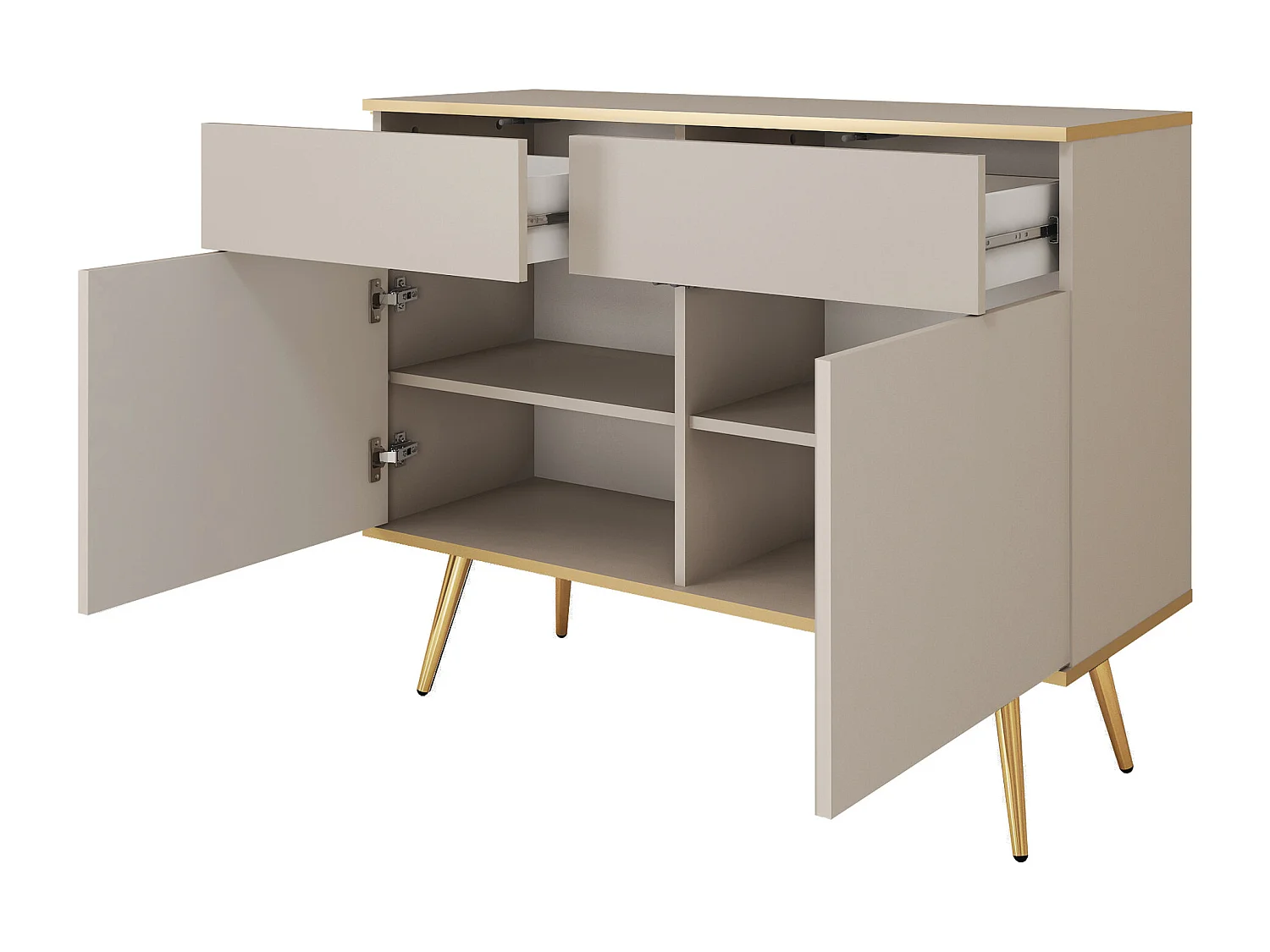 KOMMODE KSZ-107 Mit Schubladen 107x85x39 cm – Beige Hochglanz Anrichte Mit Push-To-Open, Metallfüße 23 cm, Laminierte Platte 16 mm Kratzfeste Platte