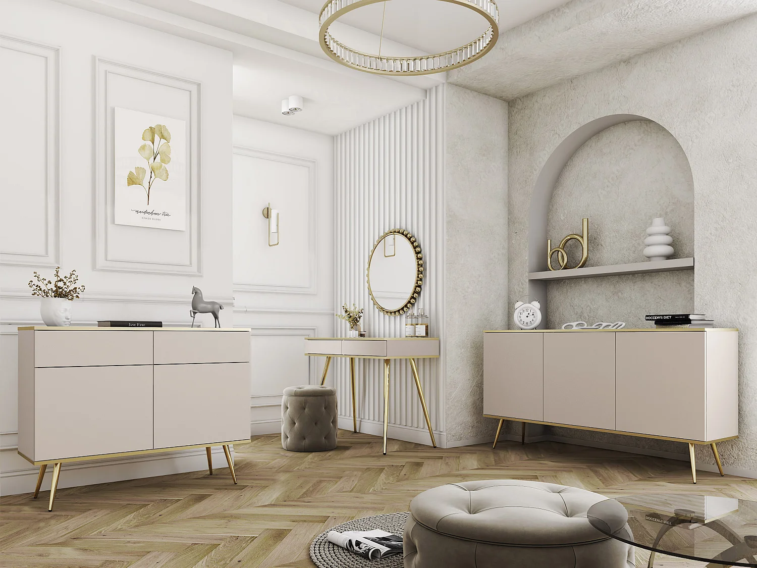 KOMMODE KSZ-107 Mit Schubladen 107x85x39 cm – Beige Hochglanz Anrichte Mit Push-To-Open, Metallfüße 23 cm, Laminierte Platte 16 mm Kratzfeste Platte