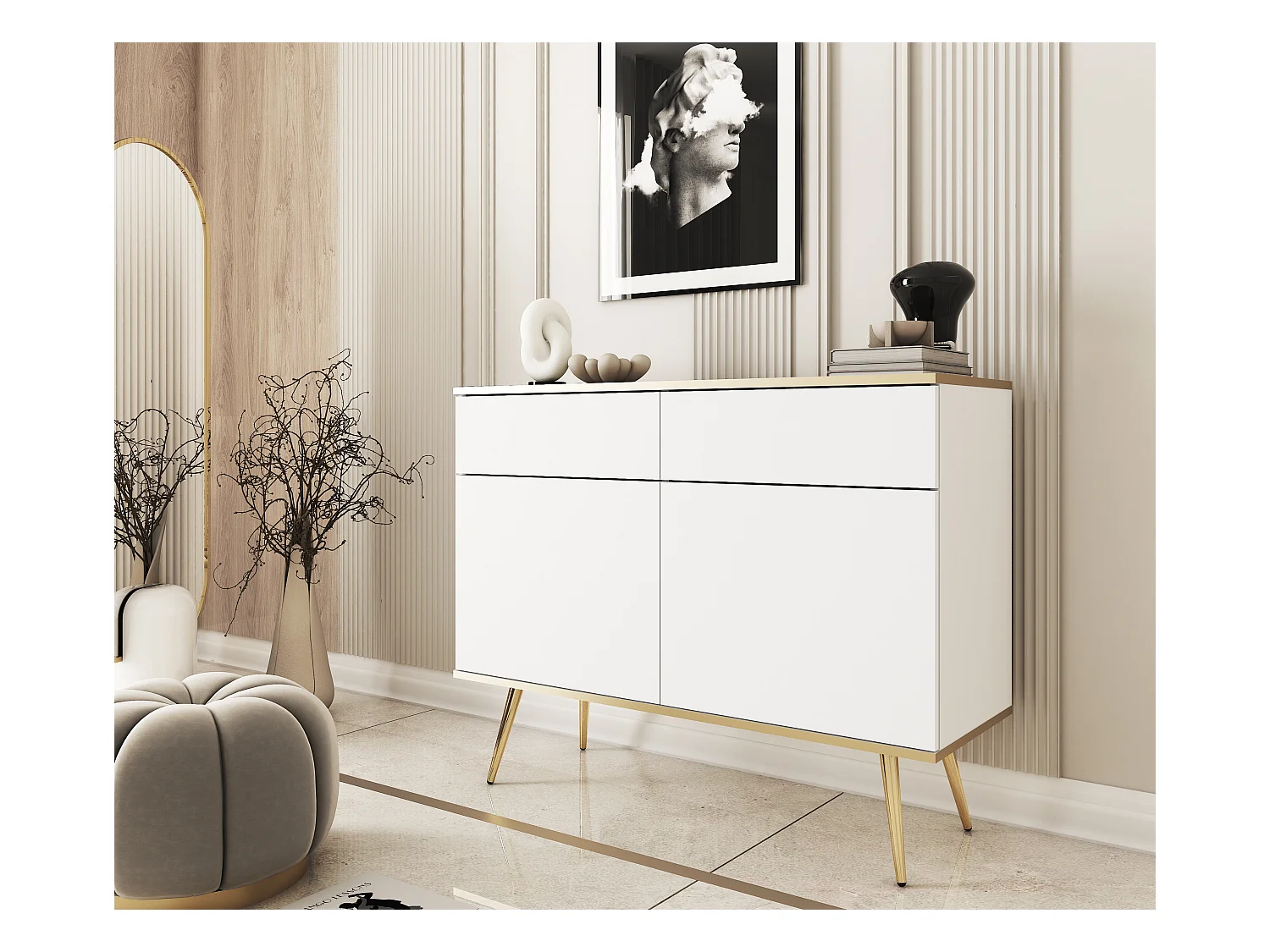 Commode KSZ-107 avec Tiroirs 107x85x39 cm – Blanc Brillant, Buffet Push-to-Open, Pieds Métal 23 cm, Panneau Stratifié 16 mm, Anti-Rayures