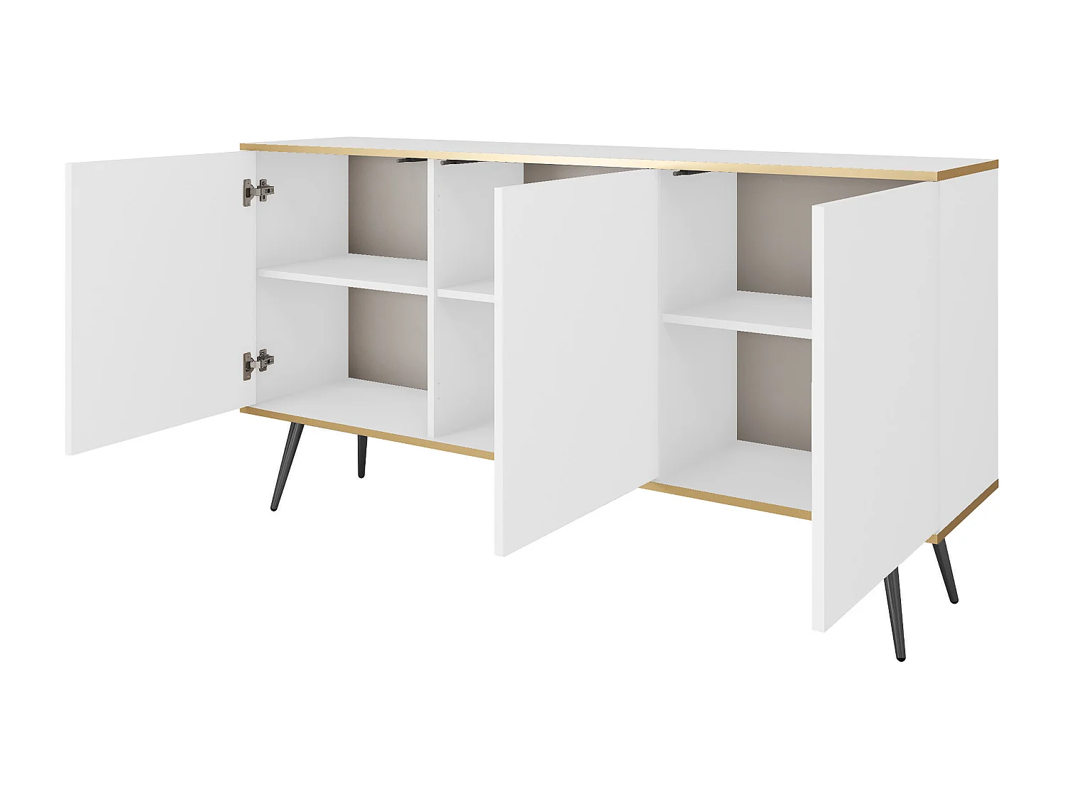 Dressoir ORO K-160 Modern 160 cm Breed Wit, 2 Deuren, 2 Lades, Push-to-Open, Metalen Poten Zwart 23 cm, Gelamineerd Paneel 16 mm