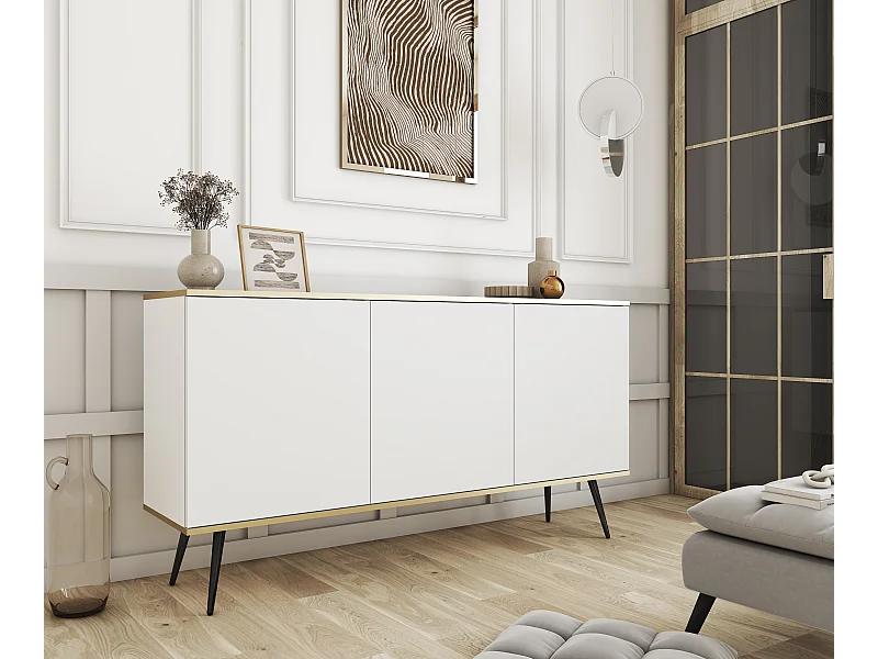 Dressoir ORO K-160 Modern 160 cm Breed Wit, 2 Deuren, 2 Lades, Push-to-Open, Metalen Poten Zwart 23 cm, Gelamineerd Paneel 16 mm