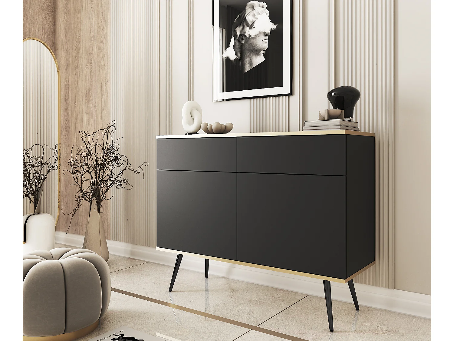 KOMMODE KSZ-107 Mit Schubladen 107x85x39 cm – Schwarz Hochglanz Anrichte Mit Push-To-Open, Metallfüße 23 cm, Laminierte Platte 16 mm Kratzfeste Platte