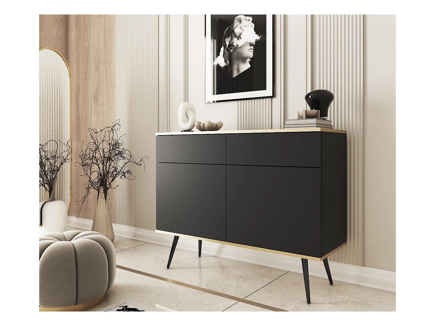 Dressoir KSZ-107 met Laden 107x85x39 cm – Zwart Hoogglans Kast met Push-To-Open, Metalen Poten 23 cm, Gelamineerd Paneel 16 mm Krasbestendig