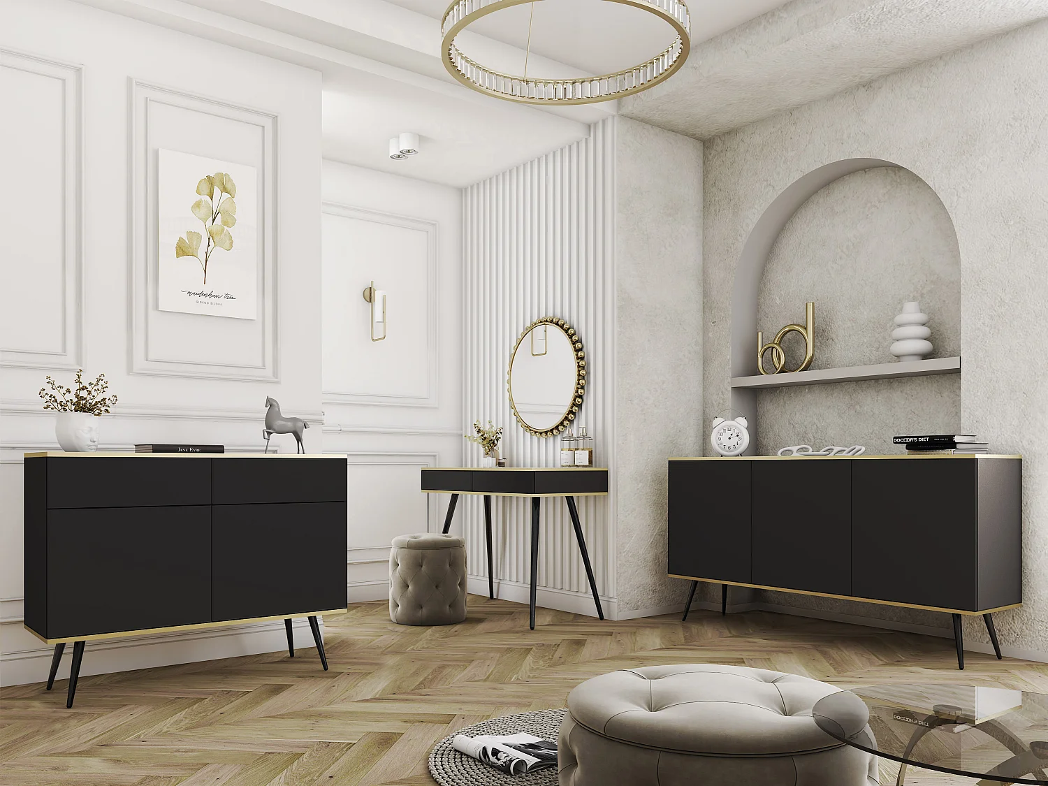 Dressoir KSZ-107 met Laden 107x85x39 cm – Zwart Hoogglans Kast met Push-To-Open, Metalen Poten 23 cm, Gelamineerd Paneel 16 mm Krasbestendig