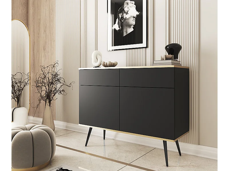 Dressoir KSZ-107 met Laden 107x85x39 cm – Zwart Hoogglans Kast met Push-To-Open, Metalen Poten 23 cm, Gelamineerd Paneel 16 mm Krasbestendig