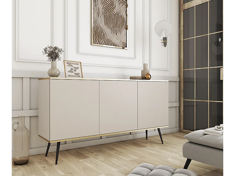 Commode ORO K-160 Moderne 160 cm Large Beige, 2 Portes, 2 Tiroirs, Push-to-Open, Pieds Métal Noir 23 cm, Panneau Stratifié 16 mm