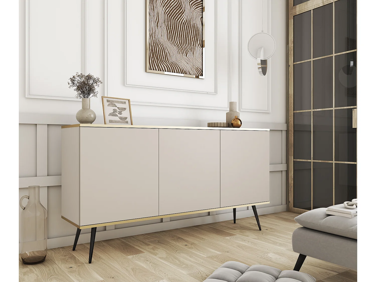 Commode ORO K-160 Moderne 160 cm Large Beige, 2 Portes, 2 Tiroirs, Push-to-Open, Pieds Métal Noir 23 cm, Panneau Stratifié 16 mm