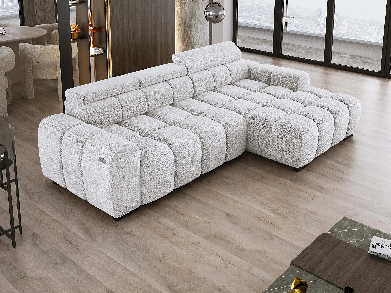 Hoekbank OMBO 285x168x77/97 cm, Rechterkant, Slaapfunctie, Elektrisch Uitschuifbaar Zitvlak, Verstelbare Hoofdsteunen, Essenhout EDEN-stof