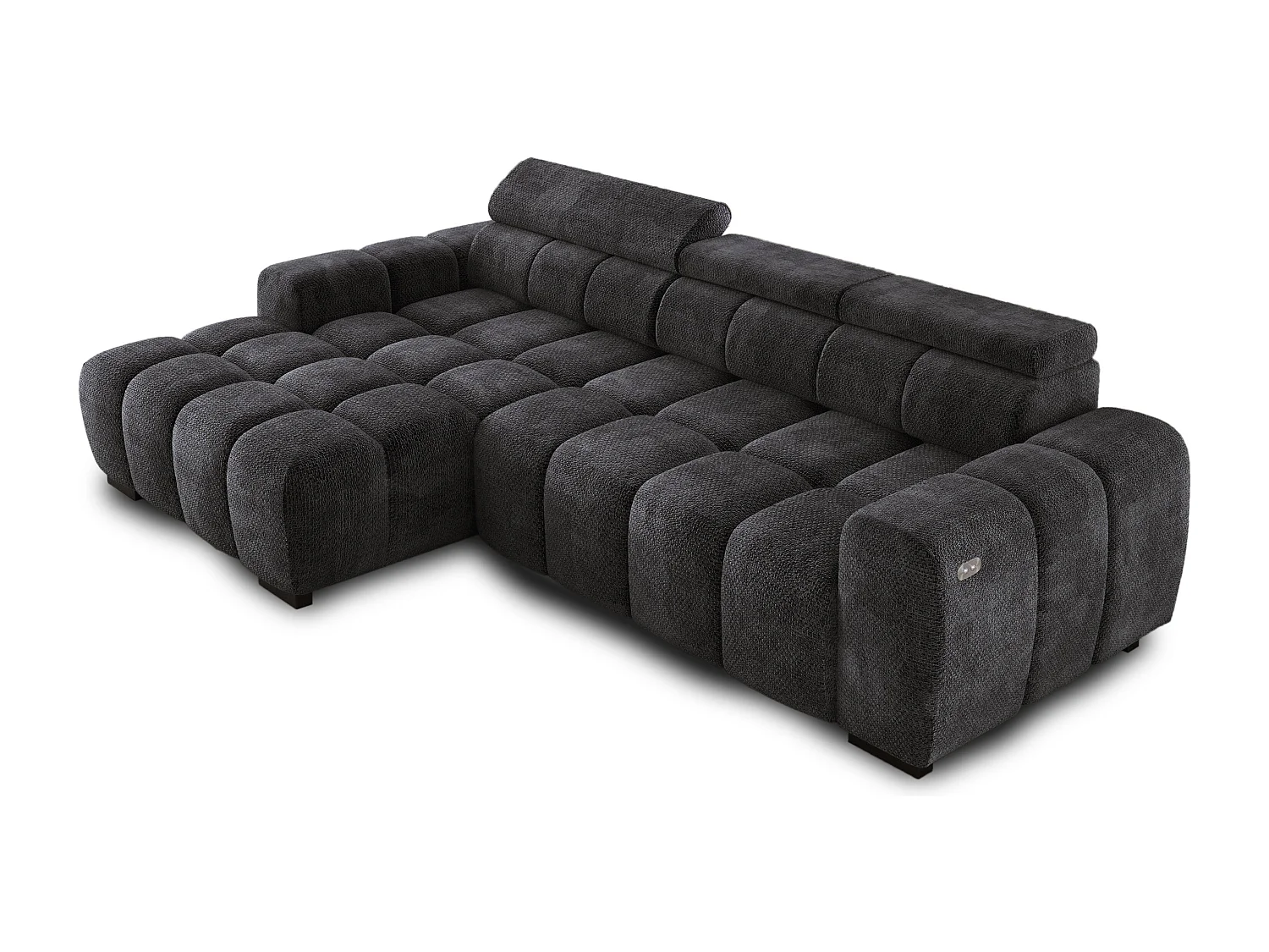 Ecksofa OMBO 285x168x77/97 cm, Links, Schlaffunktion, elektr. Sitz, Kopfstützen, Buche dunkel, hydrophober EDEN-Stoff – Schwarz