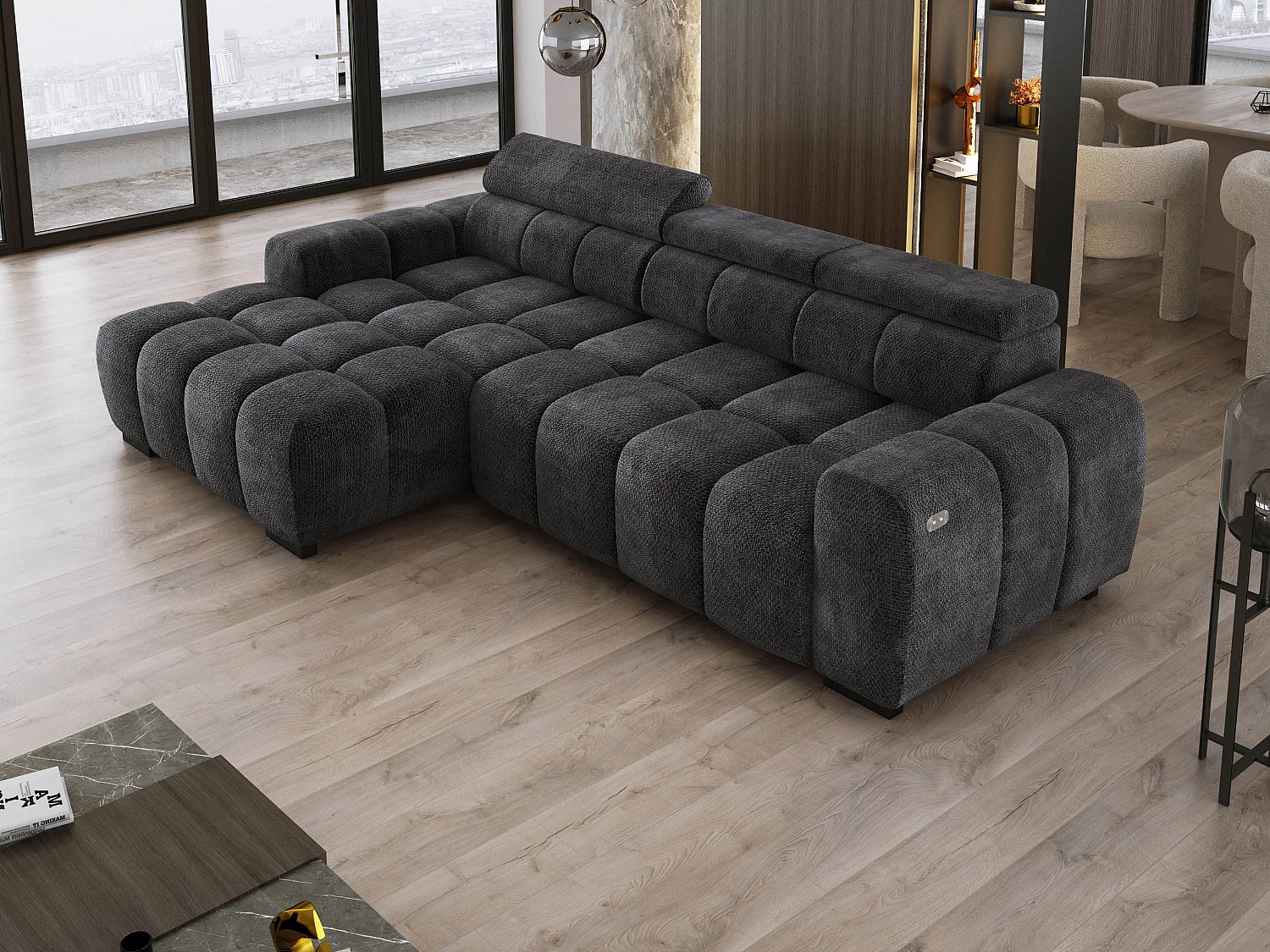 Ecksofa OMBO 285x168x77/97 cm, Links, Schlaffunktion, elektr. Sitz, Kopfstützen, Buche dunkel, hydrophober EDEN-Stoff – Schwarz