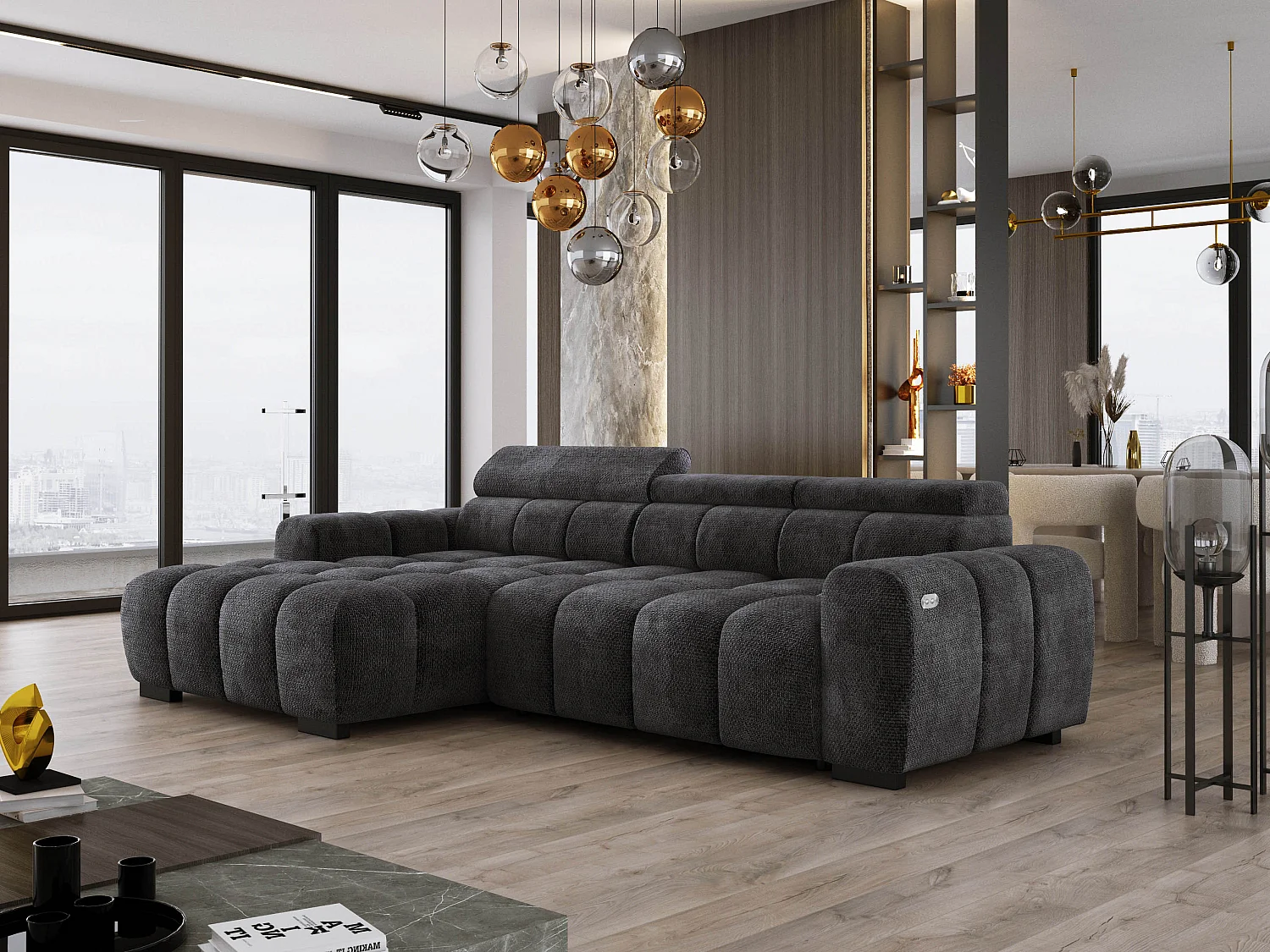Ecksofa OMBO 285x168x77/97 cm, Links, Schlaffunktion, elektr. Sitz, Kopfstützen, Buche dunkel, hydrophober EDEN-Stoff – Schwarz