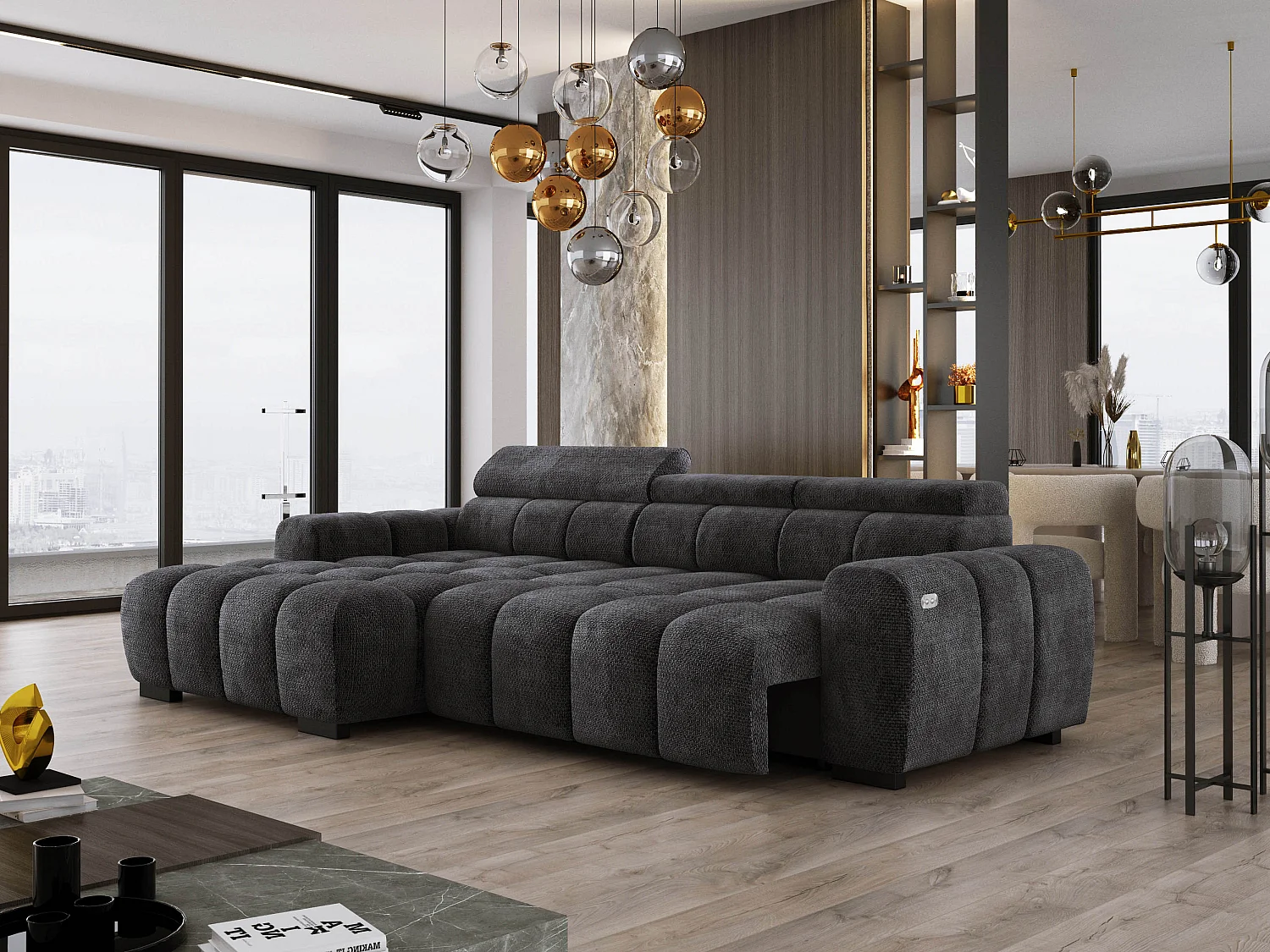 Ecksofa OMBO 285x168x77/97 cm, Links, Schlaffunktion, elektr. Sitz, Kopfstützen, Buche dunkel, hydrophober EDEN-Stoff – Schwarz