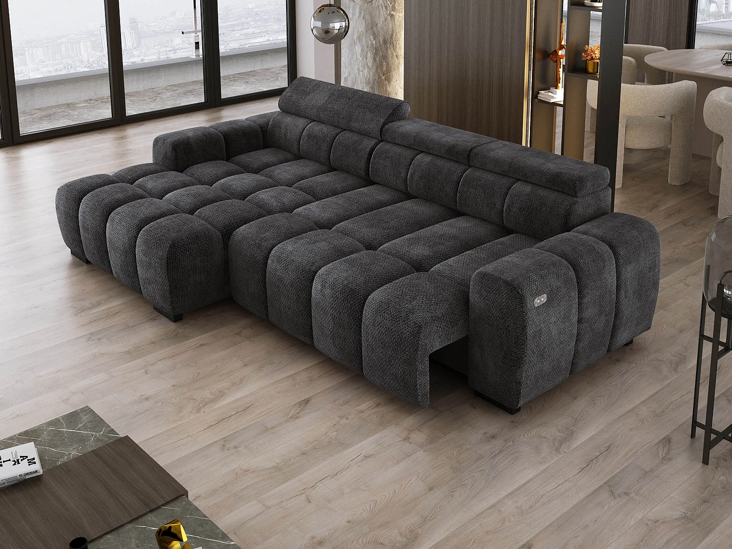 Ecksofa OMBO 285x168x77/97 cm, Links, Schlaffunktion, elektr. Sitz, Kopfstützen, Buche dunkel, hydrophober EDEN-Stoff – Schwarz