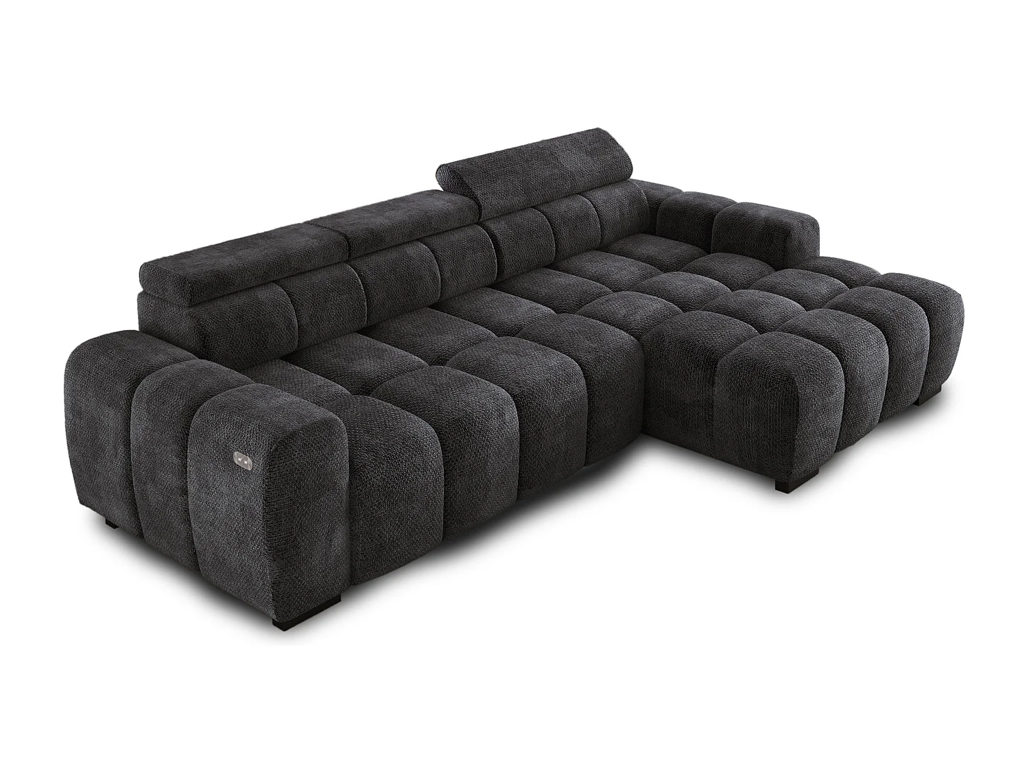 Hoekbank OMBO 285x168x77/97 cm, Rechterkant, Slaapfunctie, Elektrisch Uitschuifbaar Zitvlak, Verstelbare Hoofdsteunen, Zwarte EDEN-stof