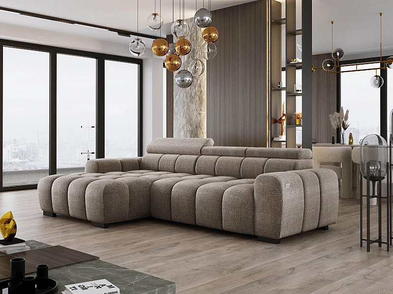 Narożnik OMBO 285x168x77/97 cm, Lewy, Spanie, elektr. siedzisko, zagłówki, ciemna bukowa noga, hydrofobowy materiał EDEN – Cappuccino