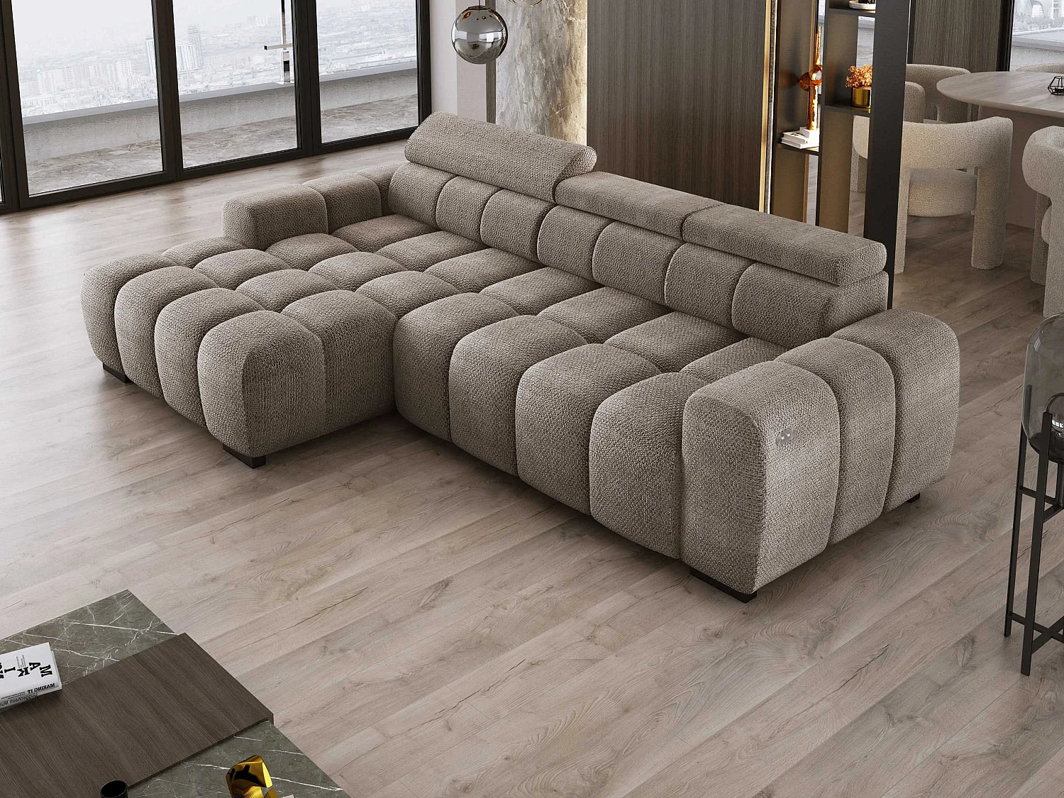 Ecksofa OMBO 285x168x77/97 cm, Links, Schlaffunktion, elektr. Sitz, Kopfstützen, Buche dunkel, hydrophober EDEN-Stoff – Cappuccino
