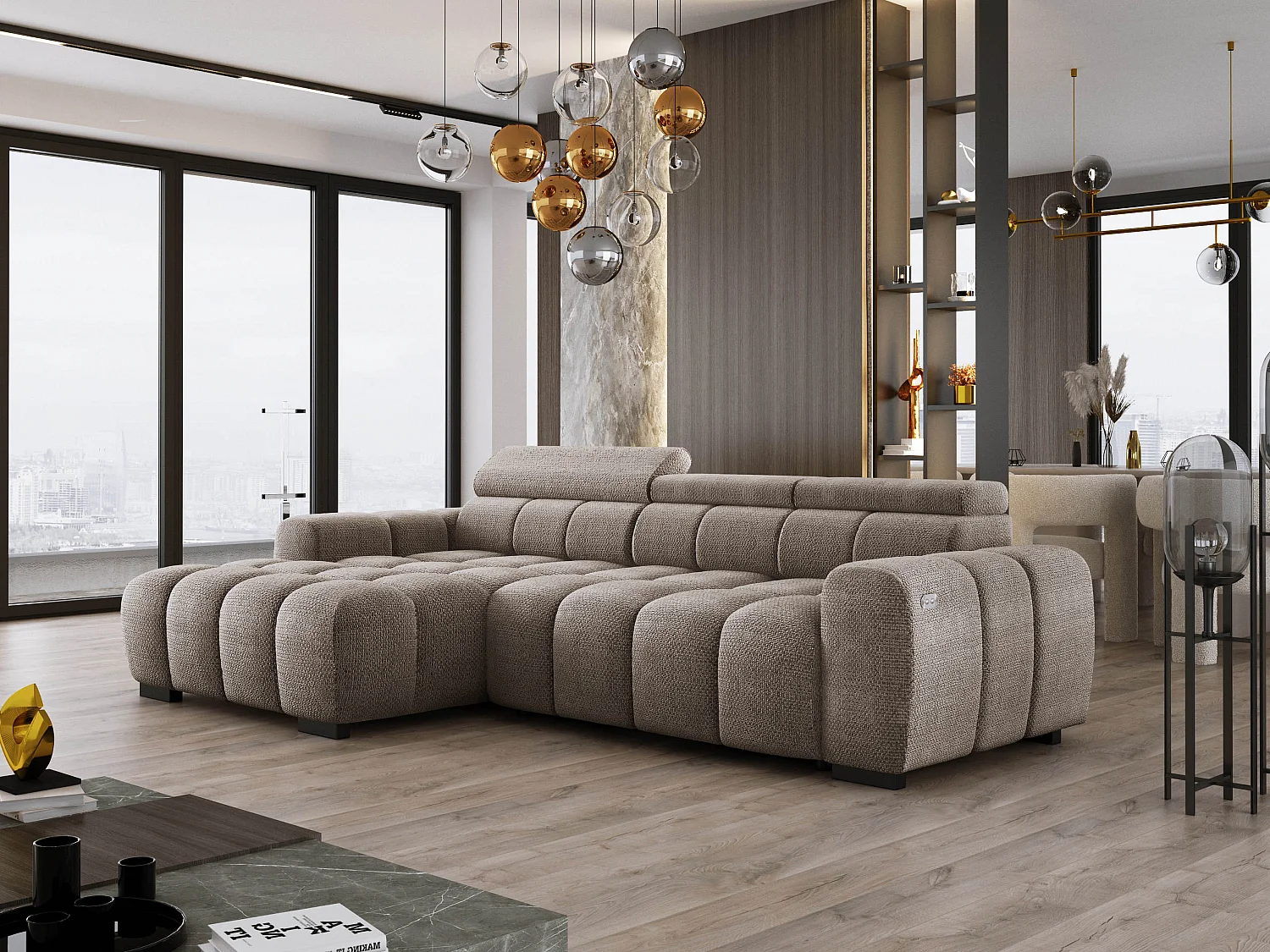 Hoekbank OMBO 285x168x77/97 cm, Linkerkant, Slaapfunctie, Elektrisch Uitschuifbaar Zitvlak, Verstelbare Hoofdsteunen, Cappuccino EDEN-stof