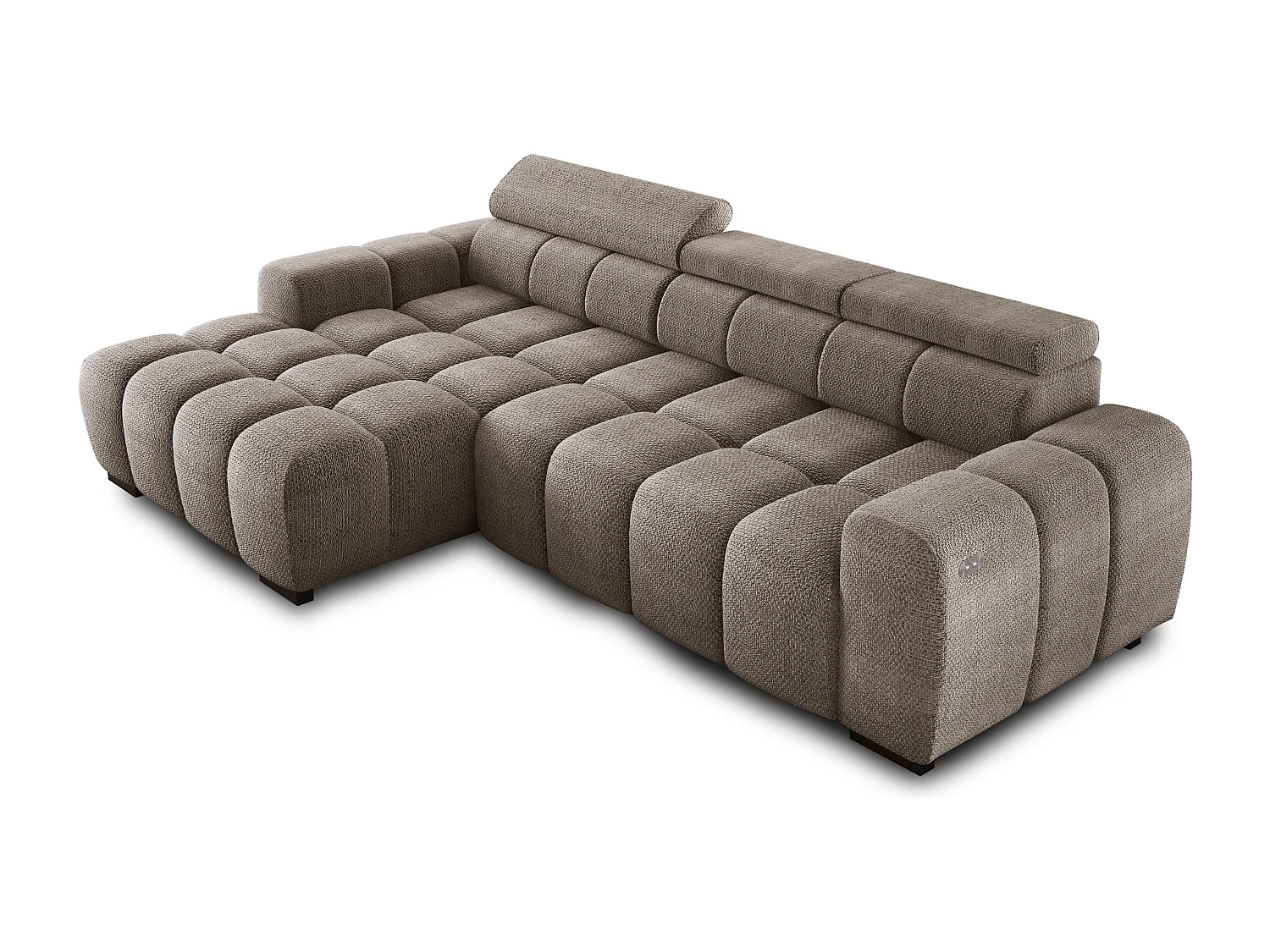 Hoekbank OMBO 285x168x77/97 cm, Linkerkant, Slaapfunctie, Elektrisch Uitschuifbaar Zitvlak, Verstelbare Hoofdsteunen, Cappuccino EDEN-stof