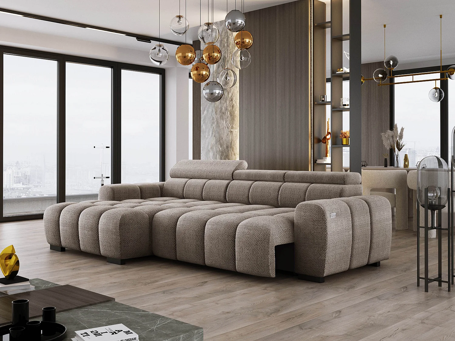 Hoekbank OMBO 285x168x77/97 cm, Linkerkant, Slaapfunctie, Elektrisch Uitschuifbaar Zitvlak, Verstelbare Hoofdsteunen, Cappuccino EDEN-stof