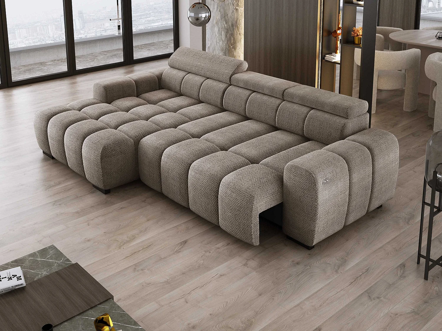 Hoekbank OMBO 285x168x77/97 cm, Linkerkant, Slaapfunctie, Elektrisch Uitschuifbaar Zitvlak, Verstelbare Hoofdsteunen, Cappuccino EDEN-stof