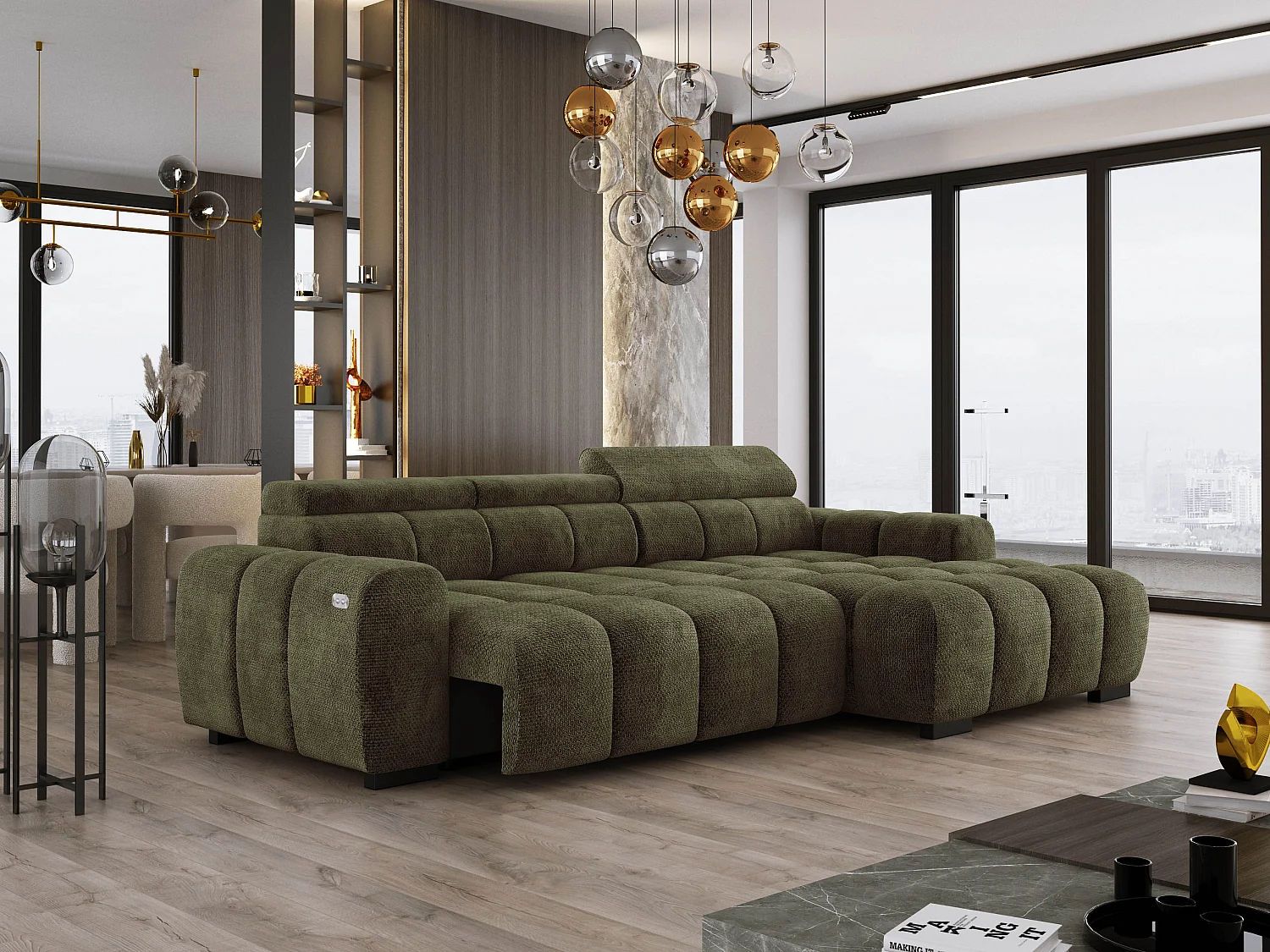 Narożnik OMBO 285x168x77/97 cm, Prawy, Spanie, elektr. siedzisko, zagłówki, ciemna bukowa noga, hydrofobowy materiał EDEN – Oliwkowy