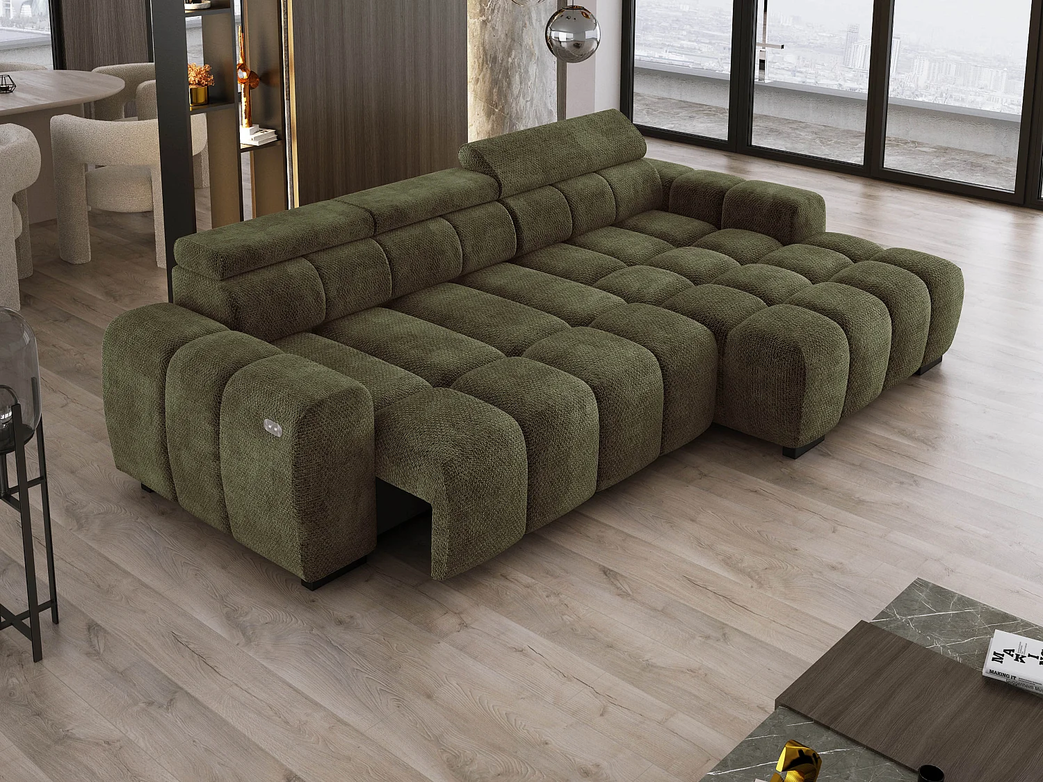 Hoekbank OMBO 285x168x77/97 cm, Rechterkant, Slaapfunctie, Elektrisch Uitschuifbaar Zitvlak, Verstelbare Hoofdsteunen, Olijfgroene EDEN-stof