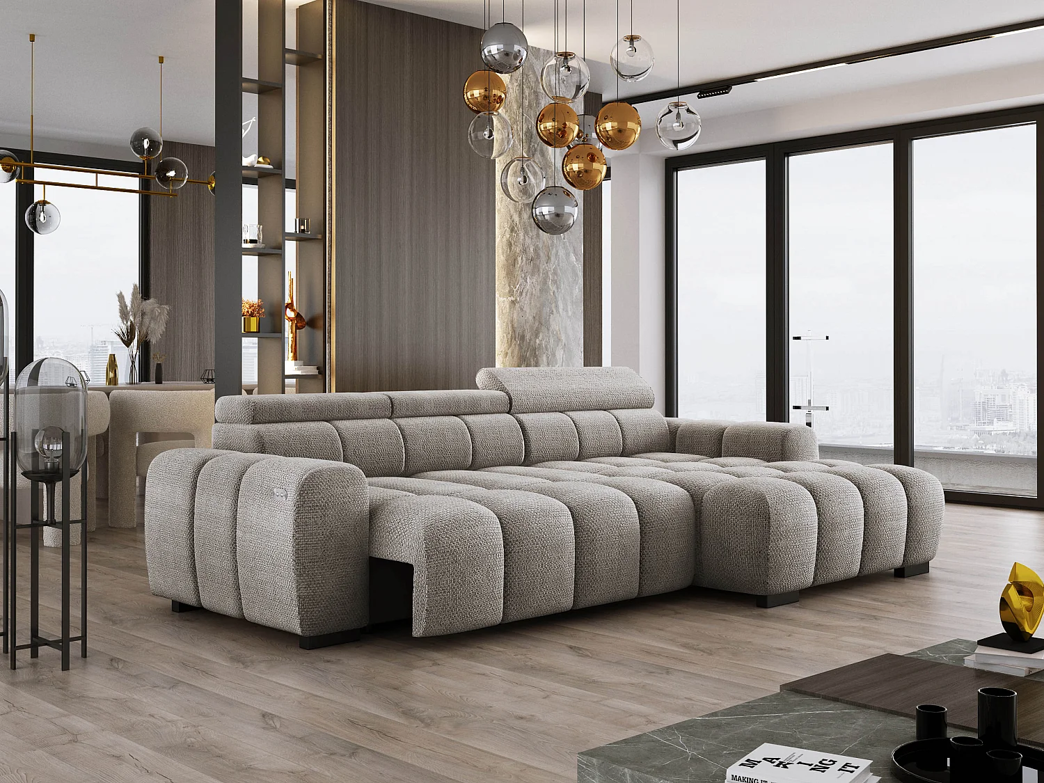 Hoekbank OMBO 285x168x77/97 cm, Rechterkant, Slaapfunctie, Elektrisch Uitschuifbaar Zitvlak, Verstelbare Hoofdsteunen, Grijze EDEN-stof