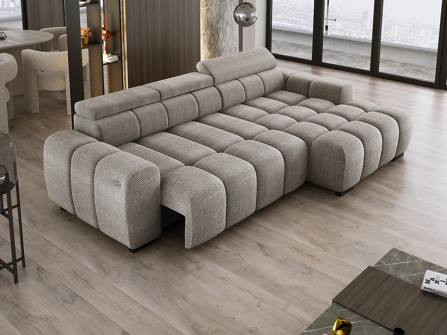 Hoekbank OMBO 285x168x77/97 cm, Rechterkant, Slaapfunctie, Elektrisch Uitschuifbaar Zitvlak, Verstelbare Hoofdsteunen, Grijze EDEN-stof