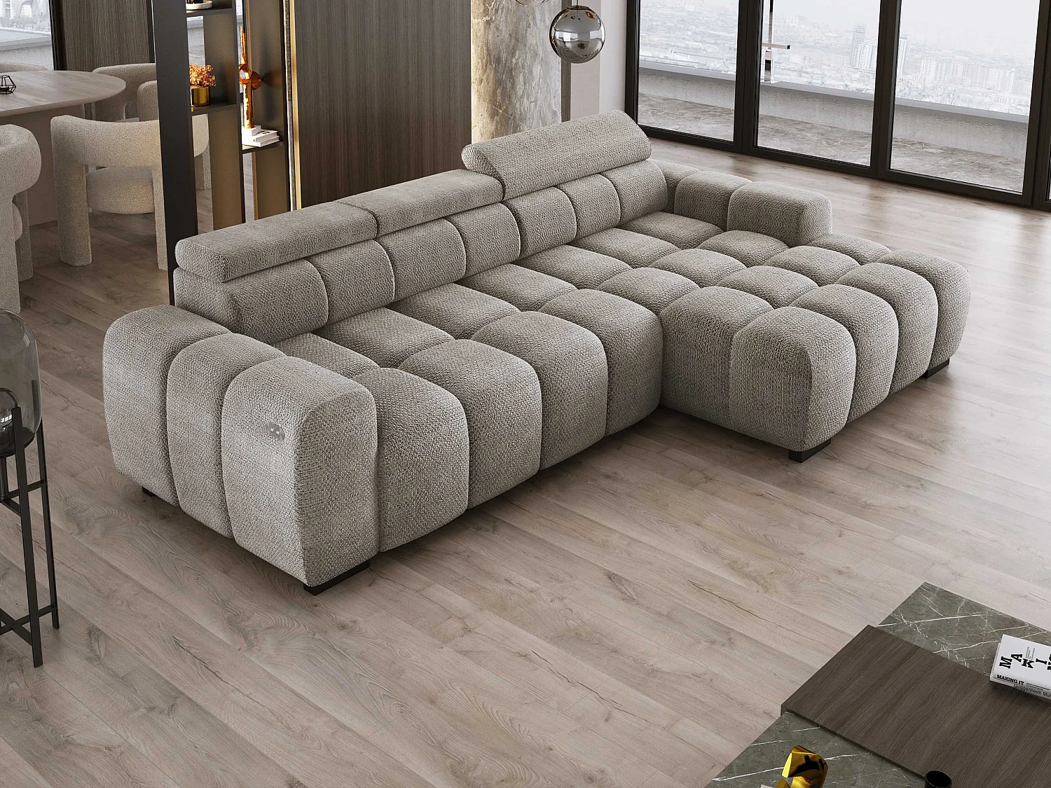 Hoekbank OMBO 285x168x77/97 cm, Rechterkant, Slaapfunctie, Elektrisch Uitschuifbaar Zitvlak, Verstelbare Hoofdsteunen, Grijze EDEN-stof