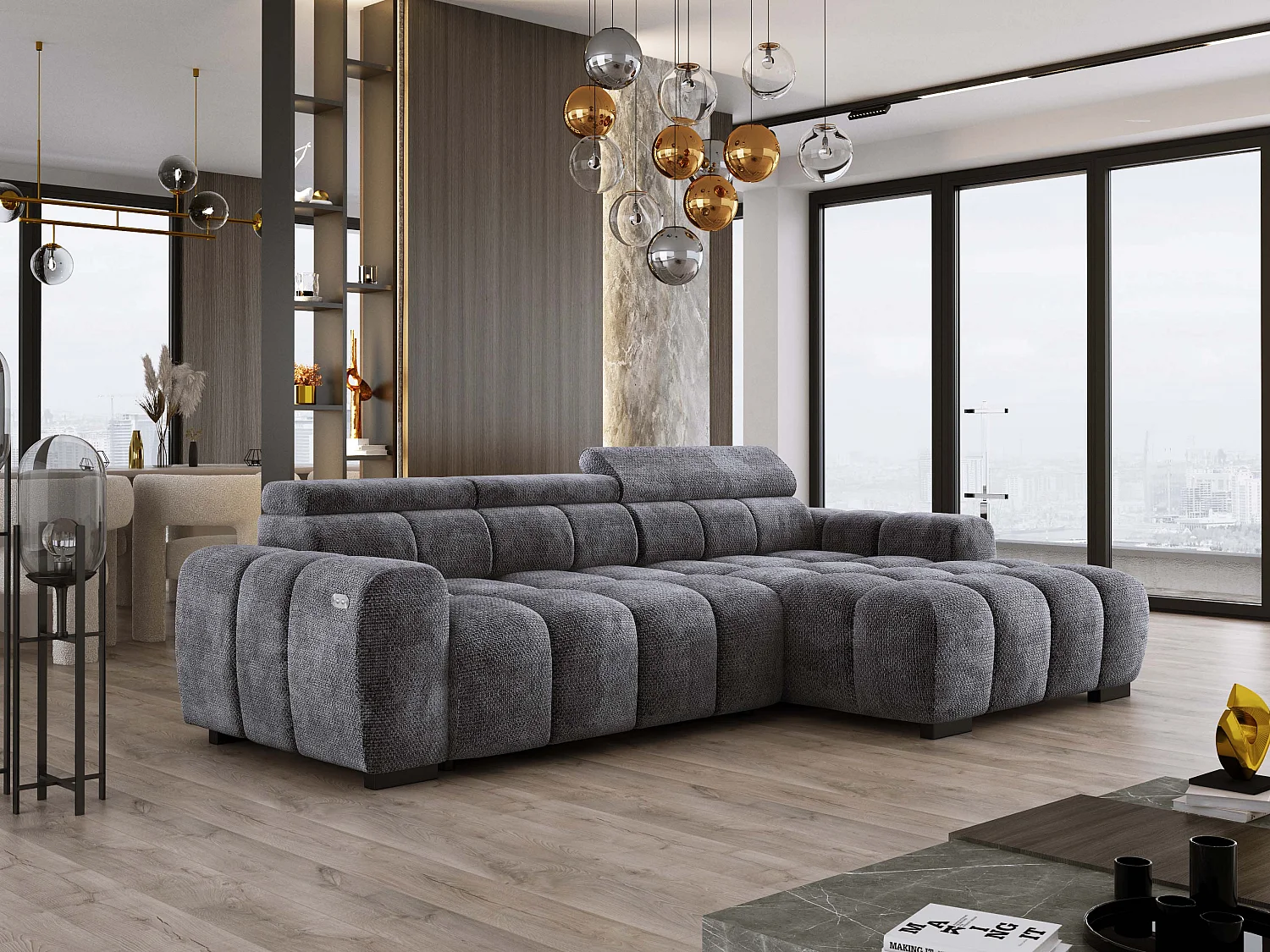 Ecksofa OMBO 285x168x77/97 cm, Rechts, Schlaffunktion, elektr. Sitz, Kopfstützen, Buche dunkel, hydrophober EDEN-Stoff – Graphit