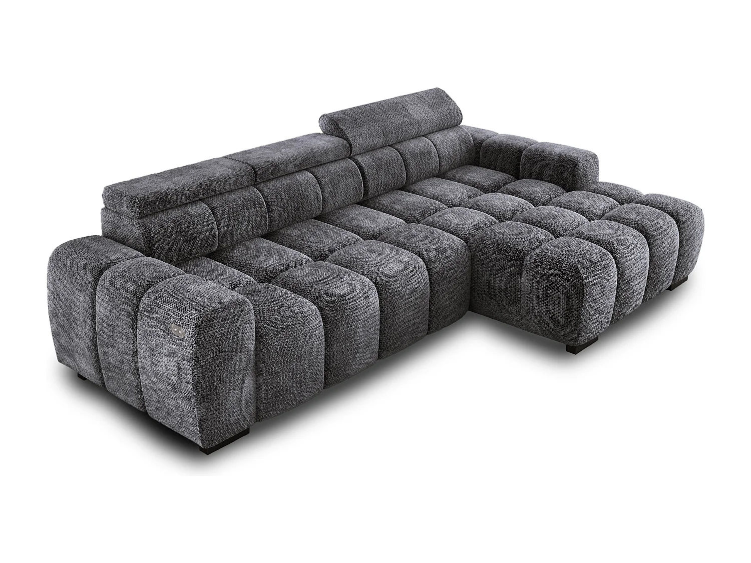 Ecksofa OMBO 285x168x77/97 cm, Rechts, Schlaffunktion, elektr. Sitz, Kopfstützen, Buche dunkel, hydrophober EDEN-Stoff – Graphit