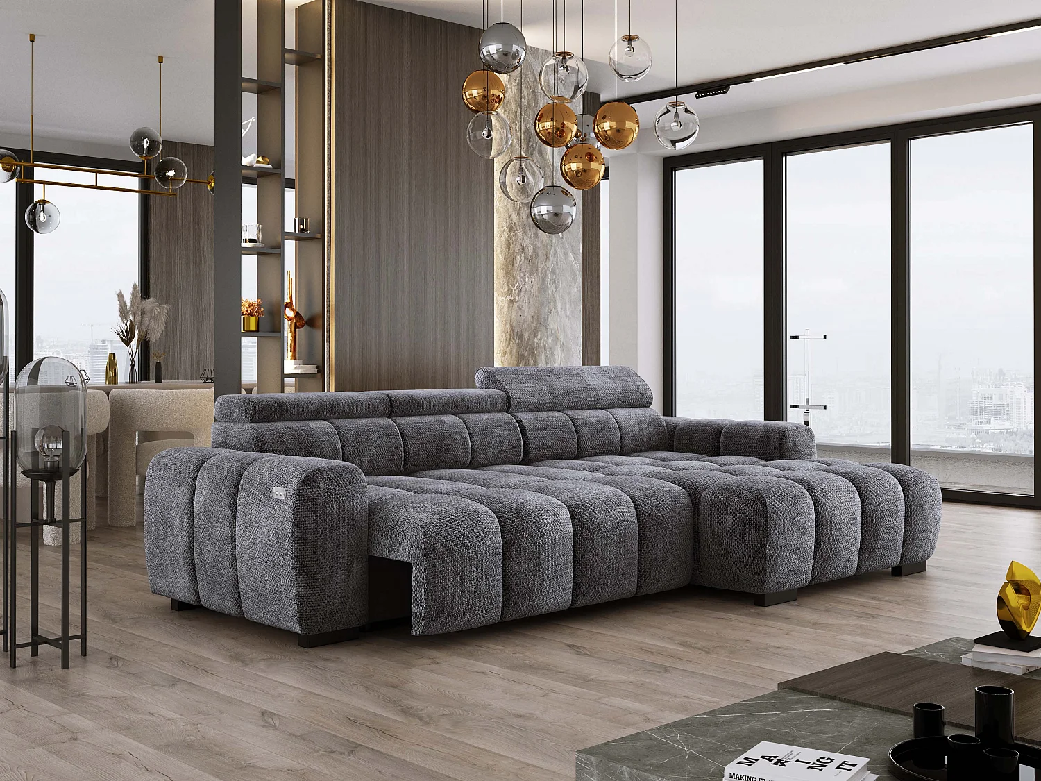 Ecksofa OMBO 285x168x77/97 cm, Rechts, Schlaffunktion, elektr. Sitz, Kopfstützen, Buche dunkel, hydrophober EDEN-Stoff – Graphit