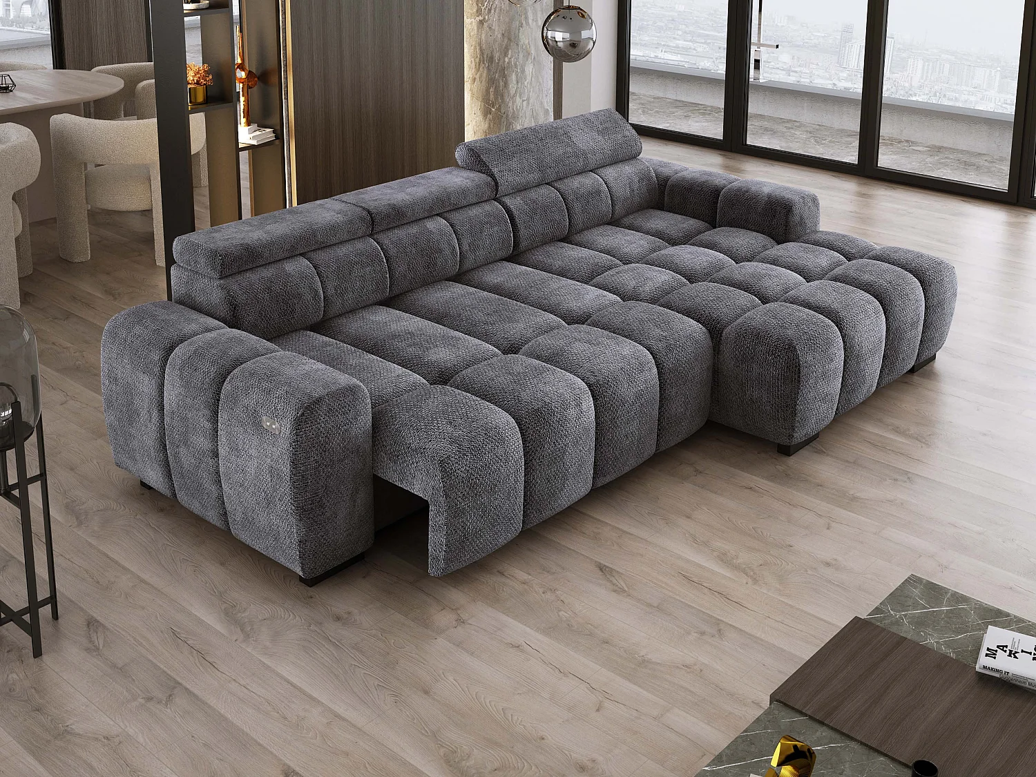 Ecksofa OMBO 285x168x77/97 cm, Rechts, Schlaffunktion, elektr. Sitz, Kopfstützen, Buche dunkel, hydrophober EDEN-Stoff – Graphit