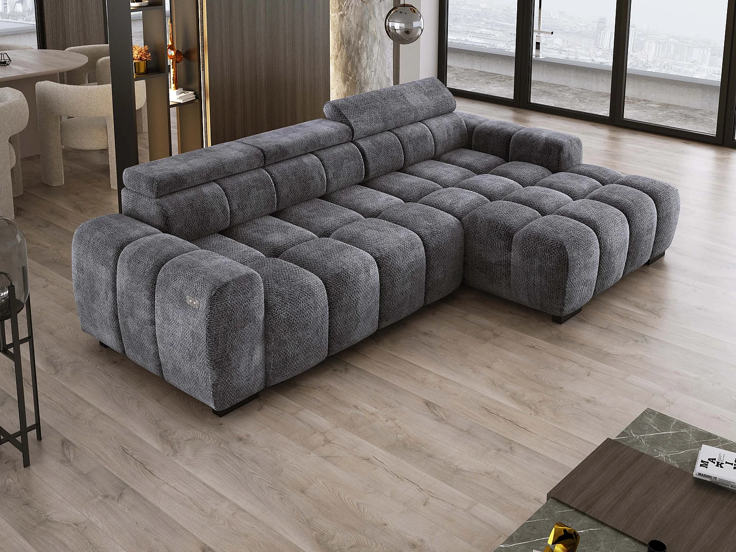 Ecksofa OMBO 285x168x77/97 cm, Rechts, Schlaffunktion, elektr. Sitz, Kopfstützen, Buche dunkel, hydrophober EDEN-Stoff – Graphit