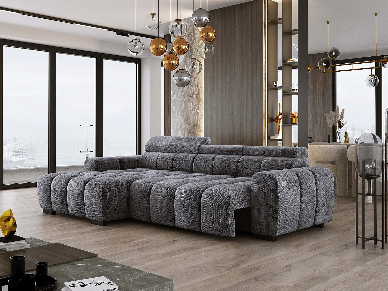 Hoekbank OMBO 285x168x77/97 cm, Linkerkant, Slaapfunctie, Elektrisch Uitschuifbaar Zitvlak, Verstelbare Hoofdsteunen, Grafiet EDEN-stof