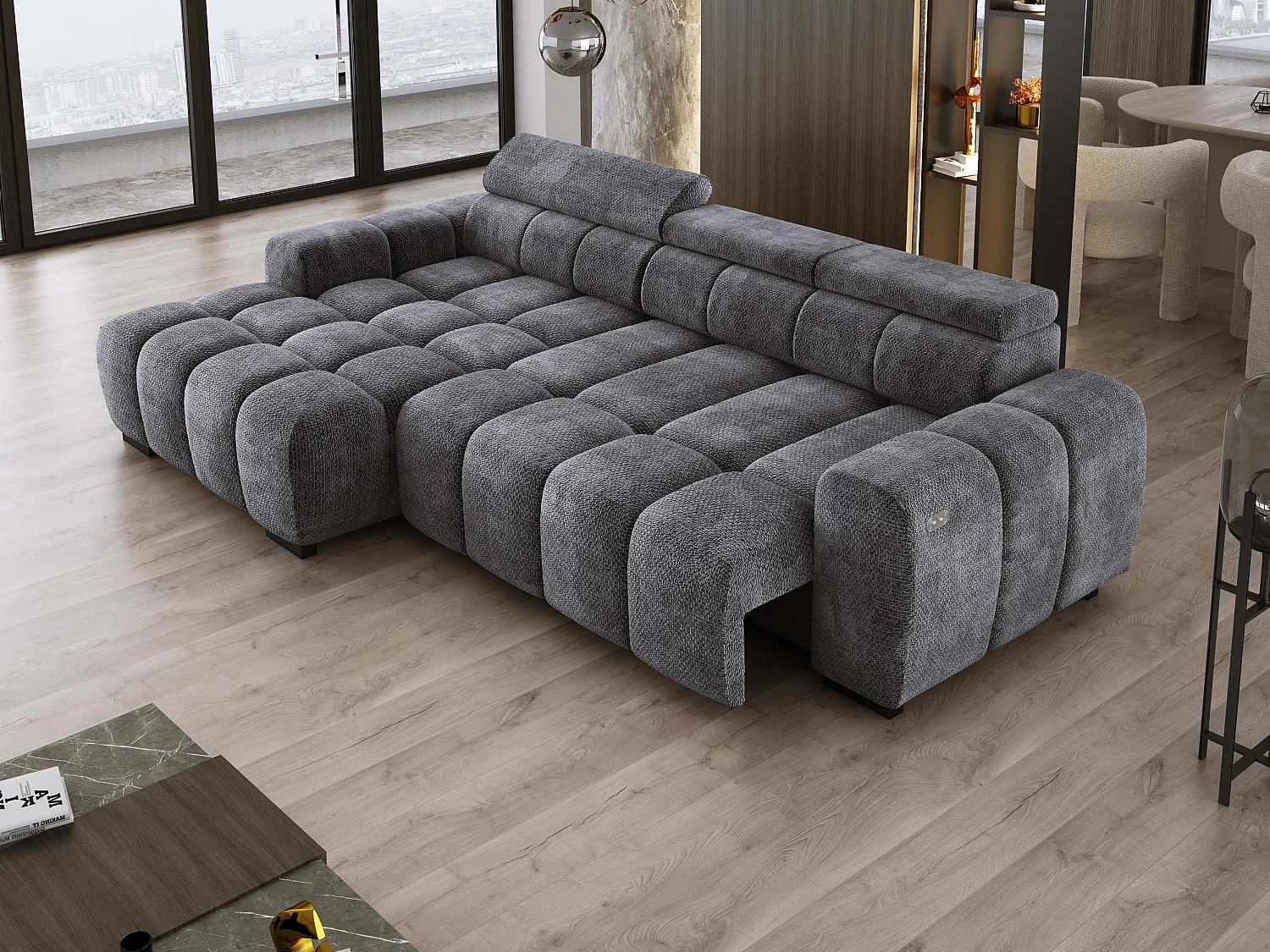 Hoekbank OMBO 285x168x77/97 cm, Linkerkant, Slaapfunctie, Elektrisch Uitschuifbaar Zitvlak, Verstelbare Hoofdsteunen, Grafiet EDEN-stof