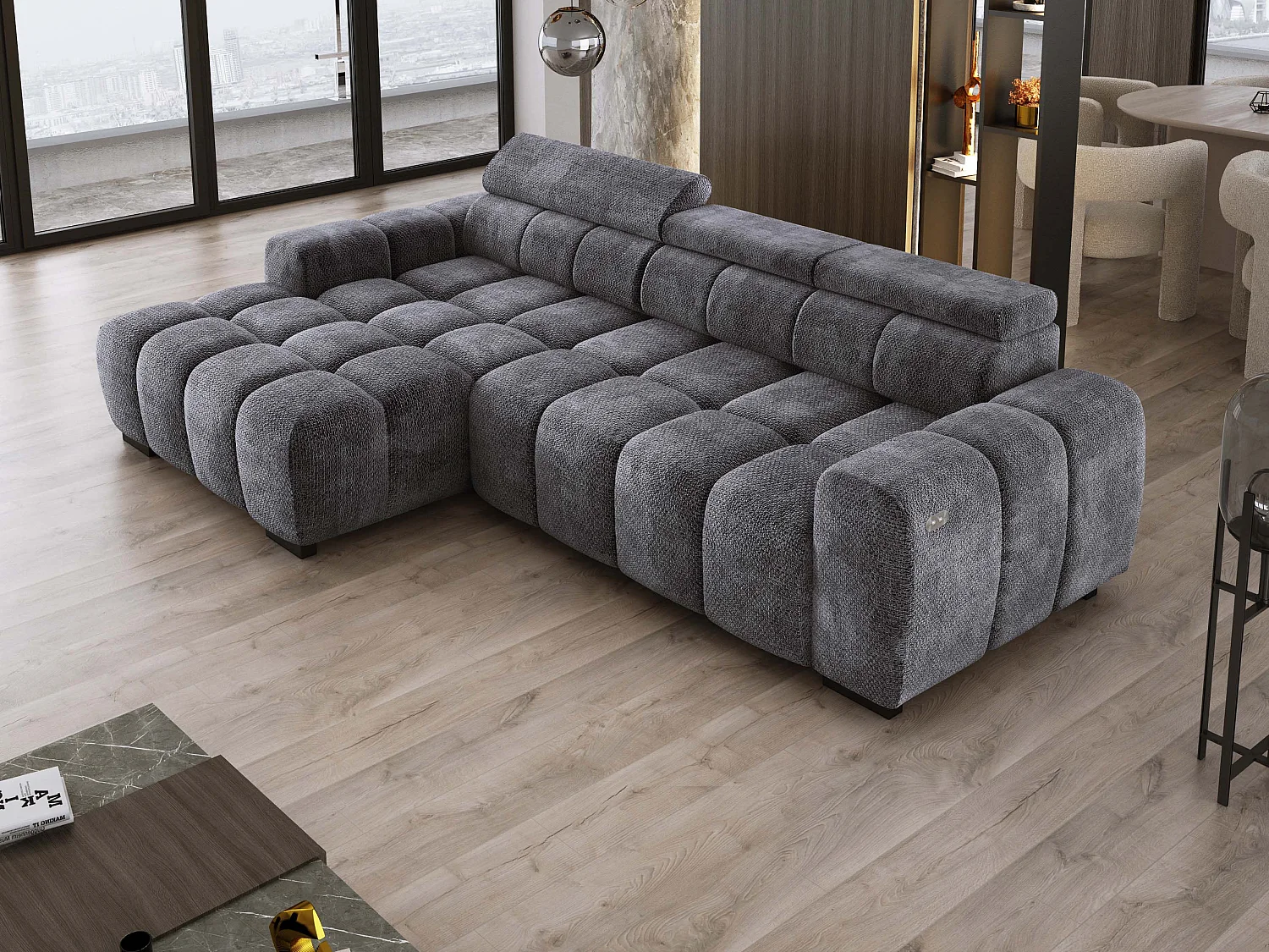 Hoekbank OMBO 285x168x77/97 cm, Linkerkant, Slaapfunctie, Elektrisch Uitschuifbaar Zitvlak, Verstelbare Hoofdsteunen, Grafiet EDEN-stof