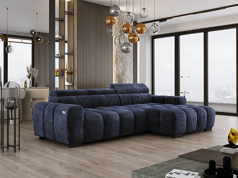 Ecksofa OMBO 285x168x77/97 cm, Rechts, Schlaffunktion, elektr. Sitz, Kopfstützen, Buche dunkel, hydrophober EDEN-Stoff – Dunkelblau