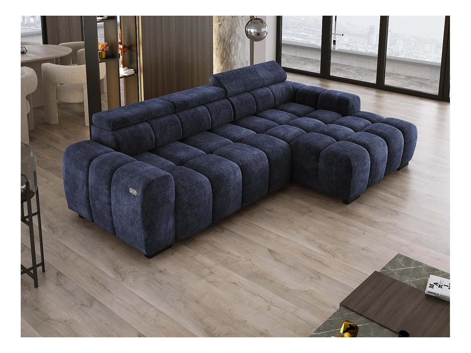 Narożnik OMBO 285x168x77/97 cm, Prawy, Spanie, elektr. siedzisko, zagłówki, ciemna bukowa noga, hydrofobowy materiał EDEN – Ciemnoniebieski