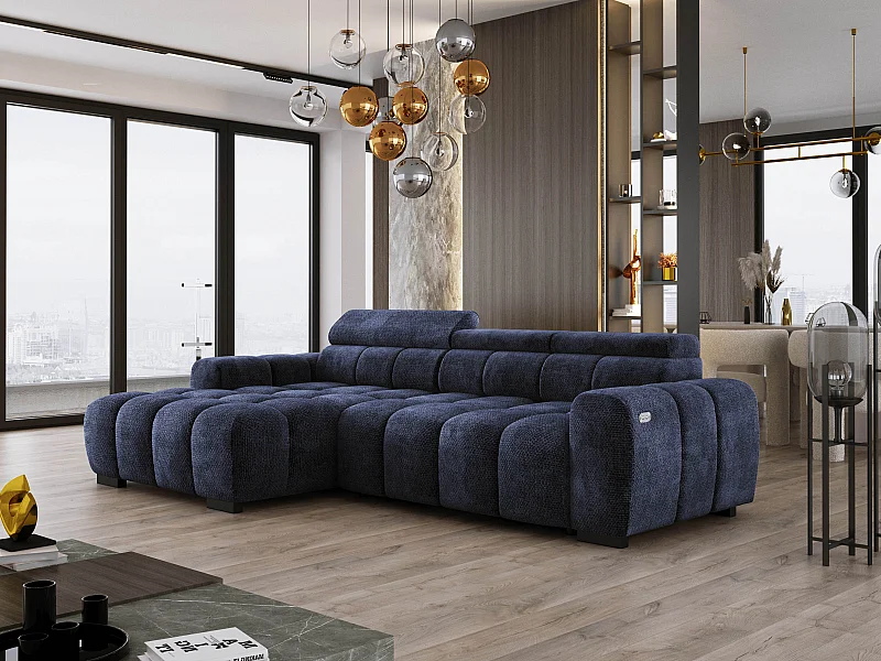 Ecksofa OMBO 285x168x77/97 cm, Links, Schlaffunktion, elektr. Sitz, Kopfstützen, Buche dunkel, hydrophober EDEN-Stoff – Dunkelblau