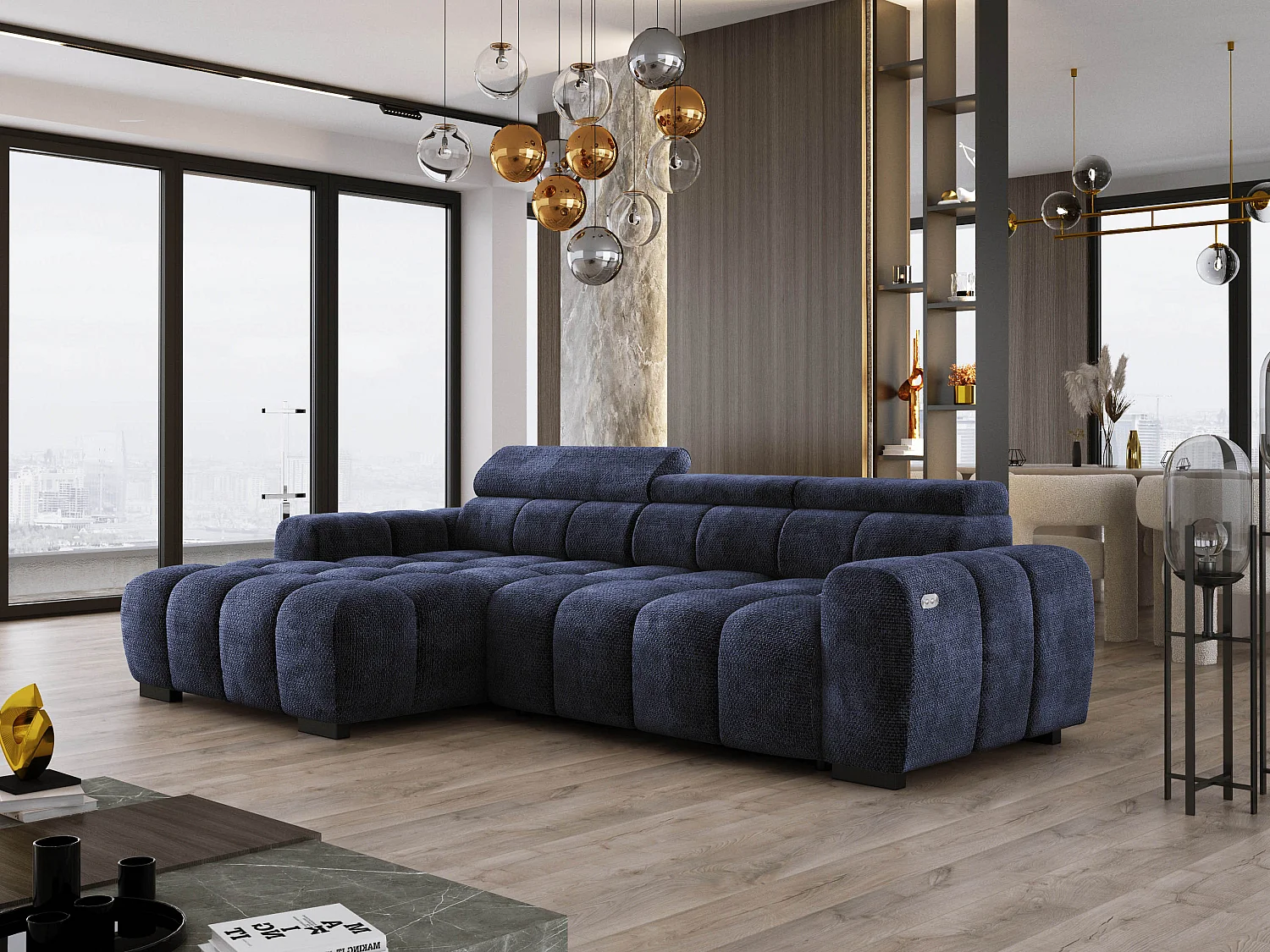 Narożnik OMBO 285x168x77/97 cm, Lewy, Spanie, elektr. siedzisko, zagłówki, ciemna bukowa noga, hydrofobowy materiał EDEN – Ciemnoniebieski