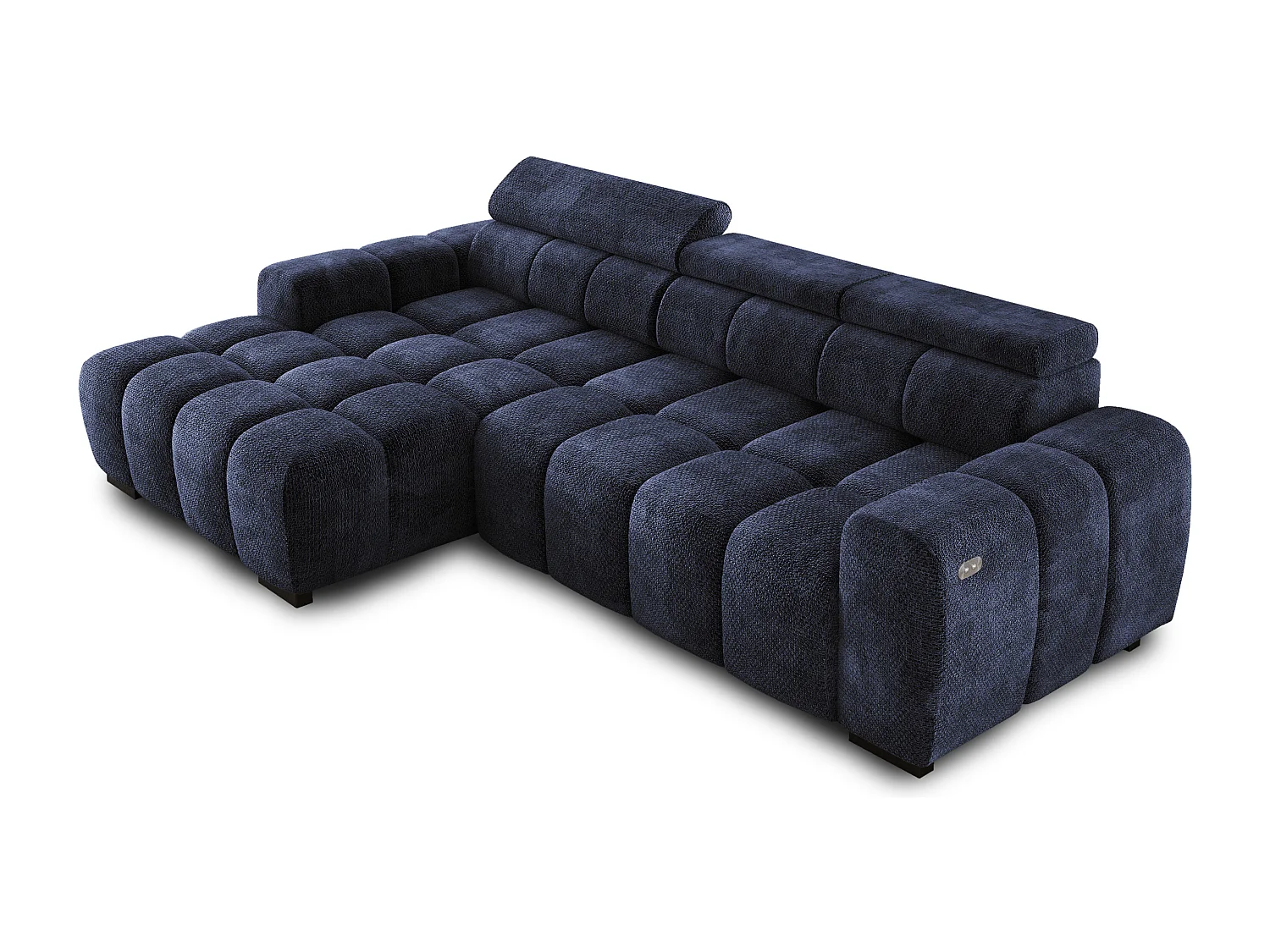 Narożnik OMBO 285x168x77/97 cm, Lewy, Spanie, elektr. siedzisko, zagłówki, ciemna bukowa noga, hydrofobowy materiał EDEN – Ciemnoniebieski