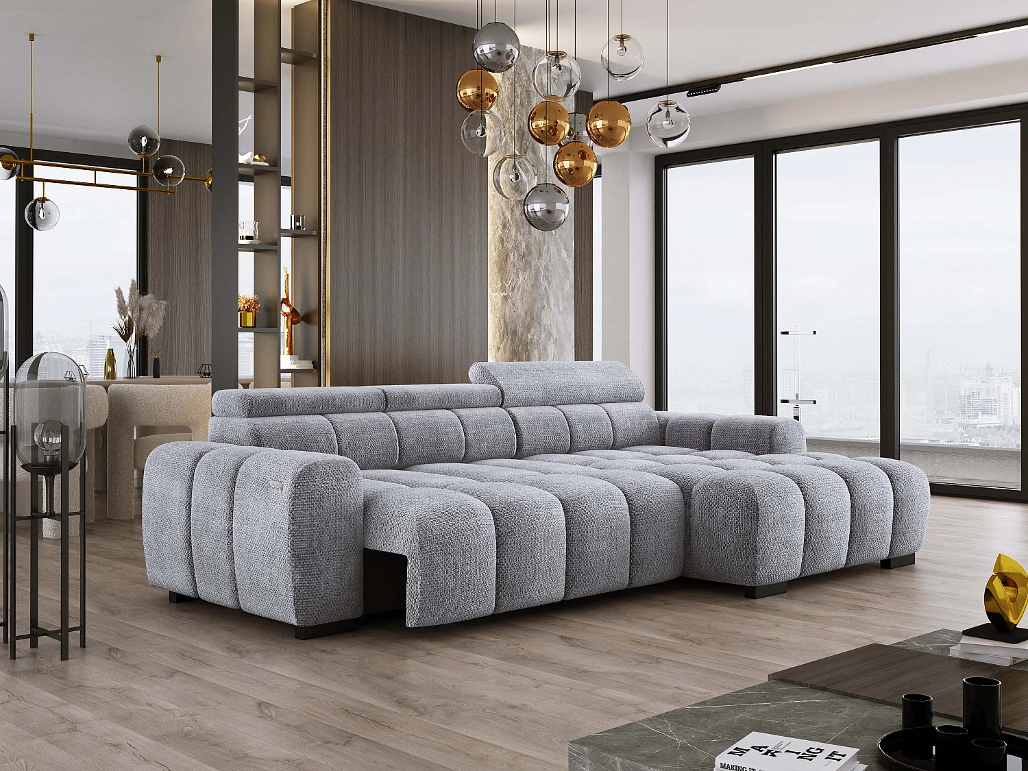 Hoekbank OMBO 285x168x77/97 cm, Rechterkant, Slaapfunctie, Elektrisch Uitschuifbaar Zitvlak, Verstelbare Hoofdsteunen, Zilveren EDEN-stof